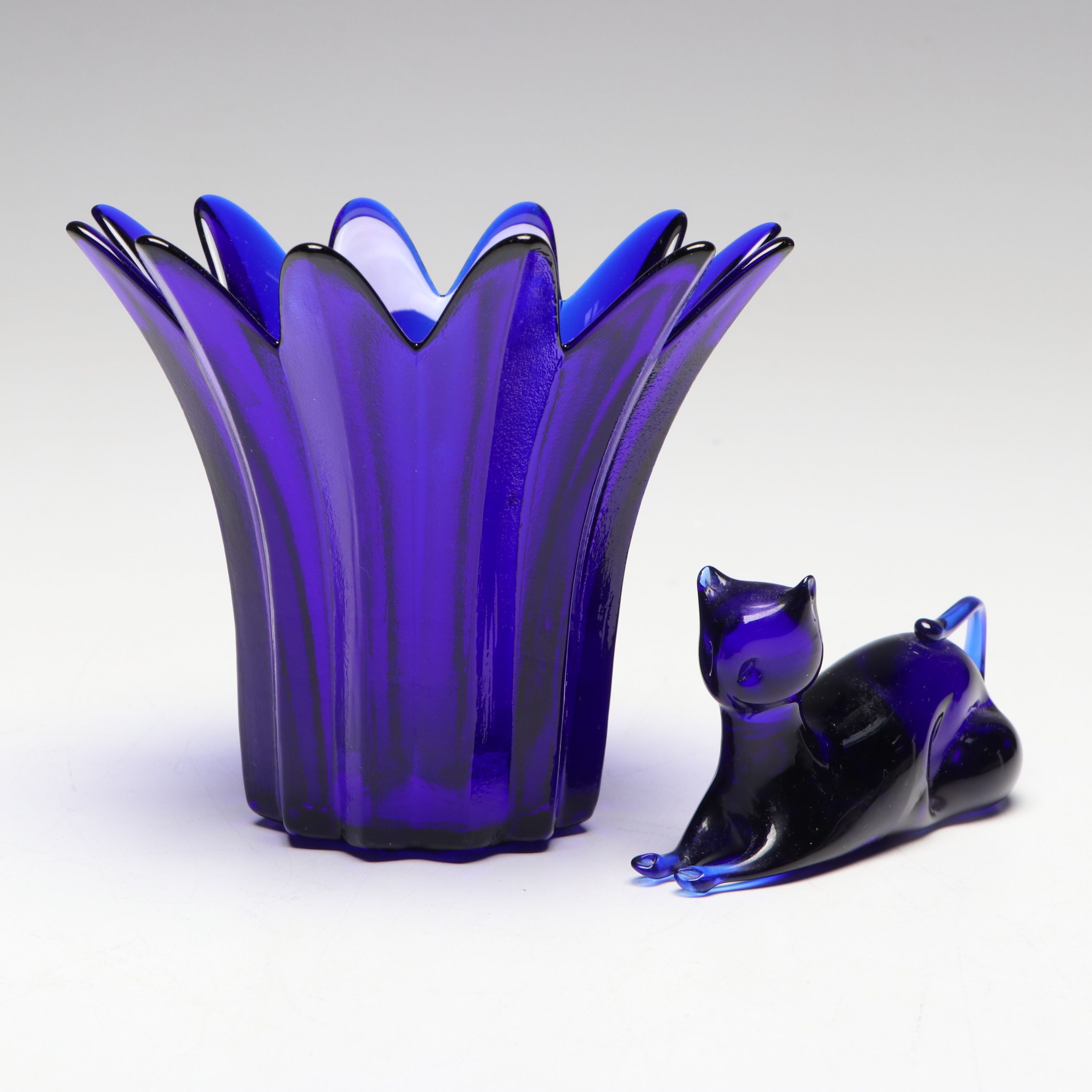 Polish Blown Glass Pitcher and More Cobalt Glass Figurines and Tableware