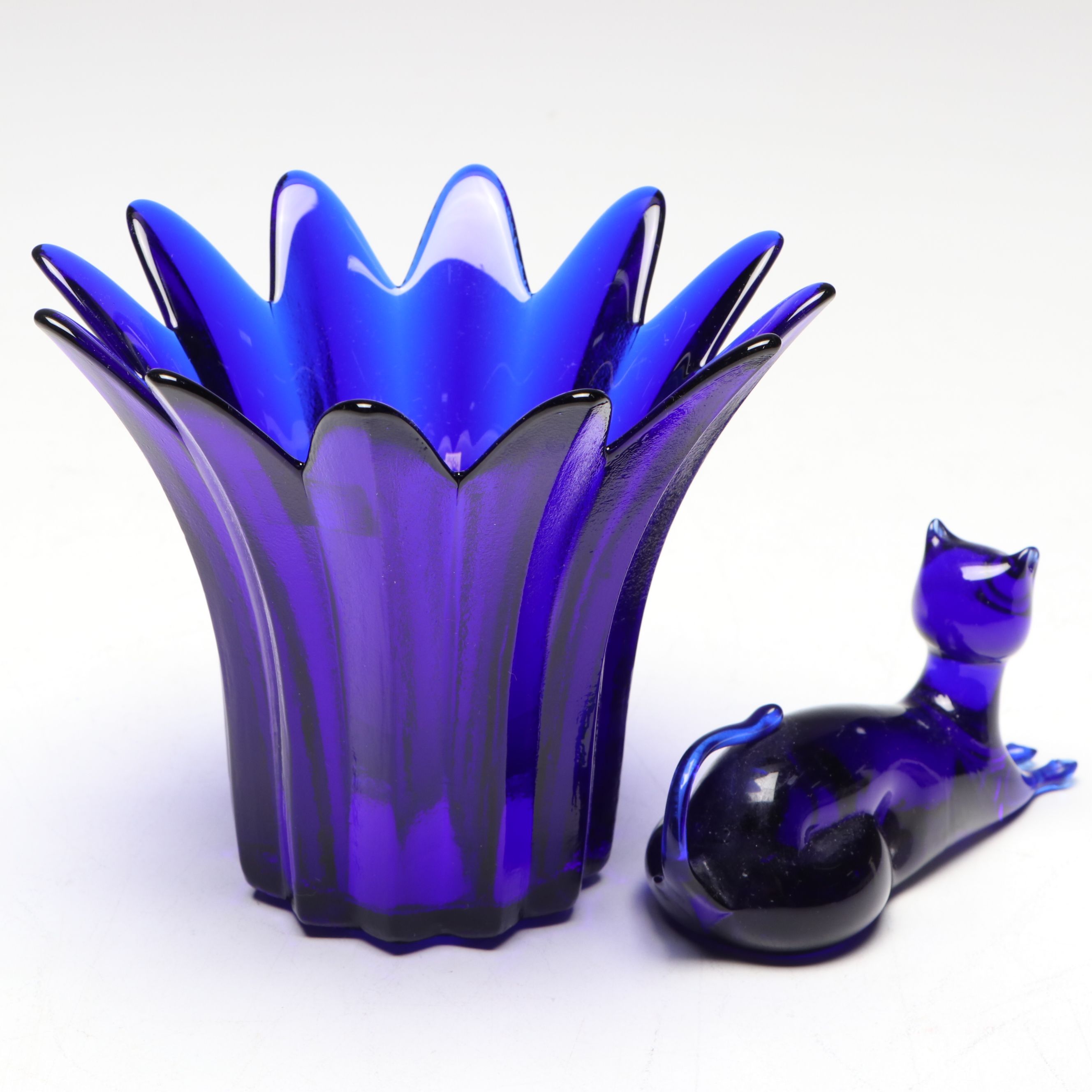 Polish Blown Glass Pitcher and More Cobalt Glass Figurines and Tableware