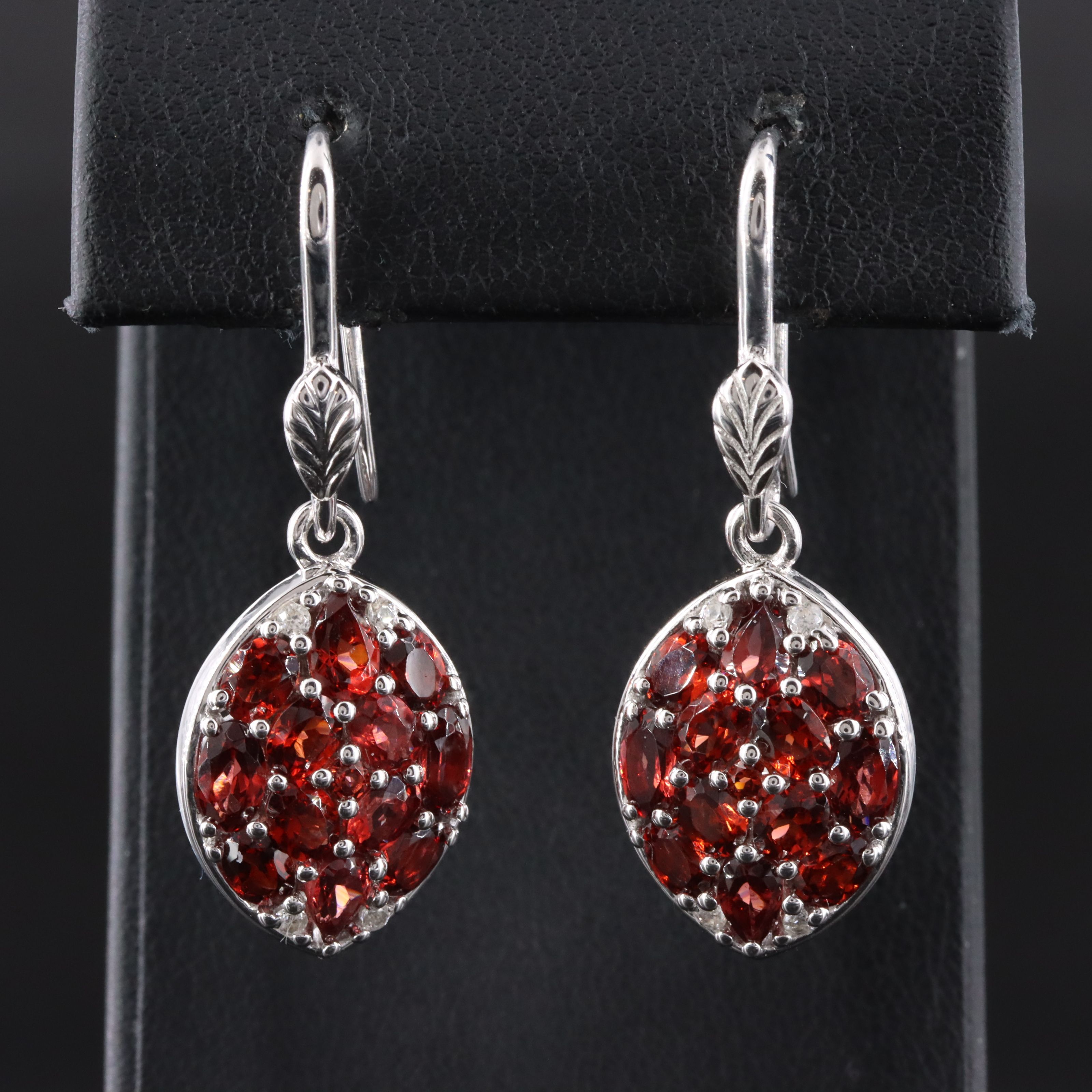 Sterling Garnet and White Topaz Navette Drop Earrings