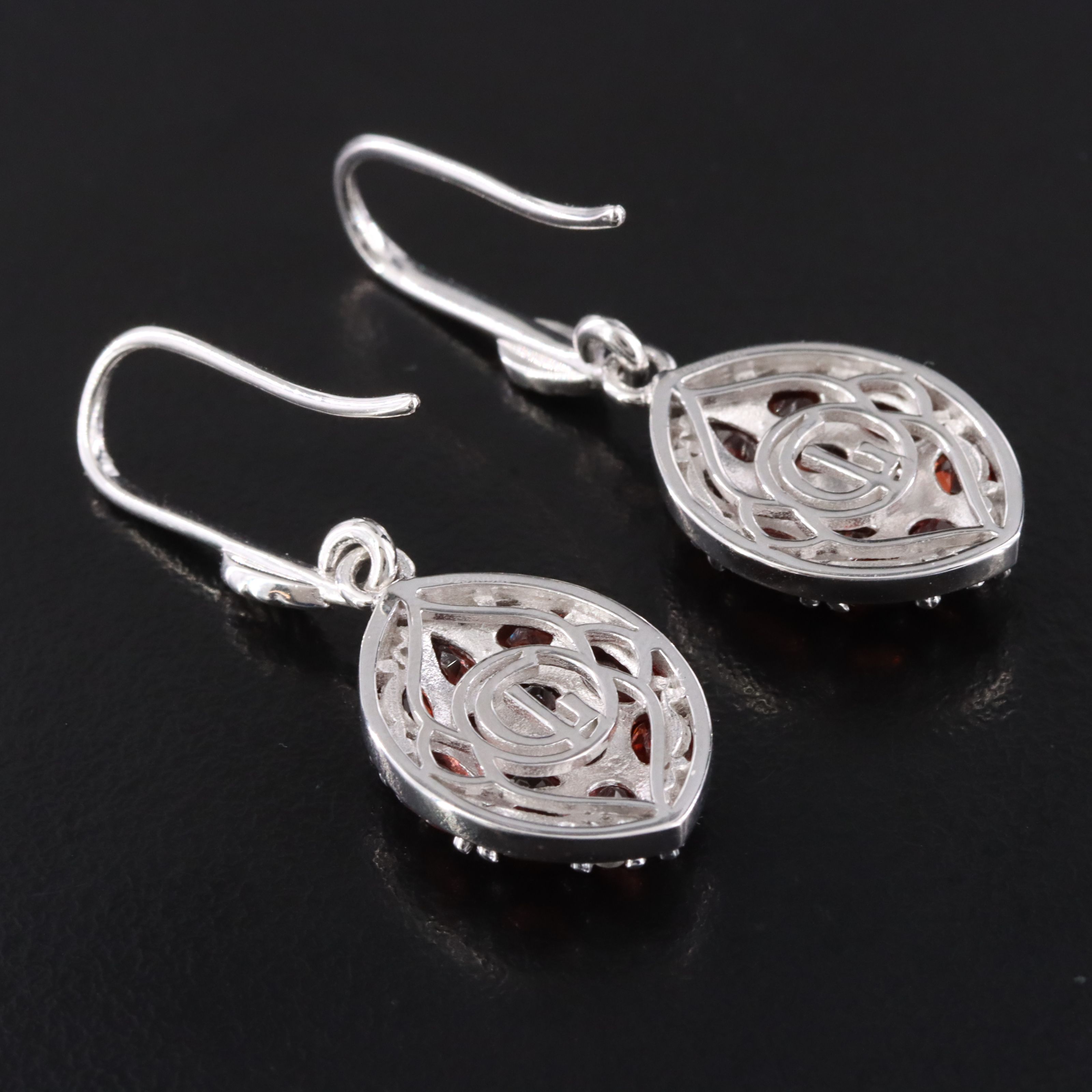 Sterling Garnet and White Topaz Navette Drop Earrings