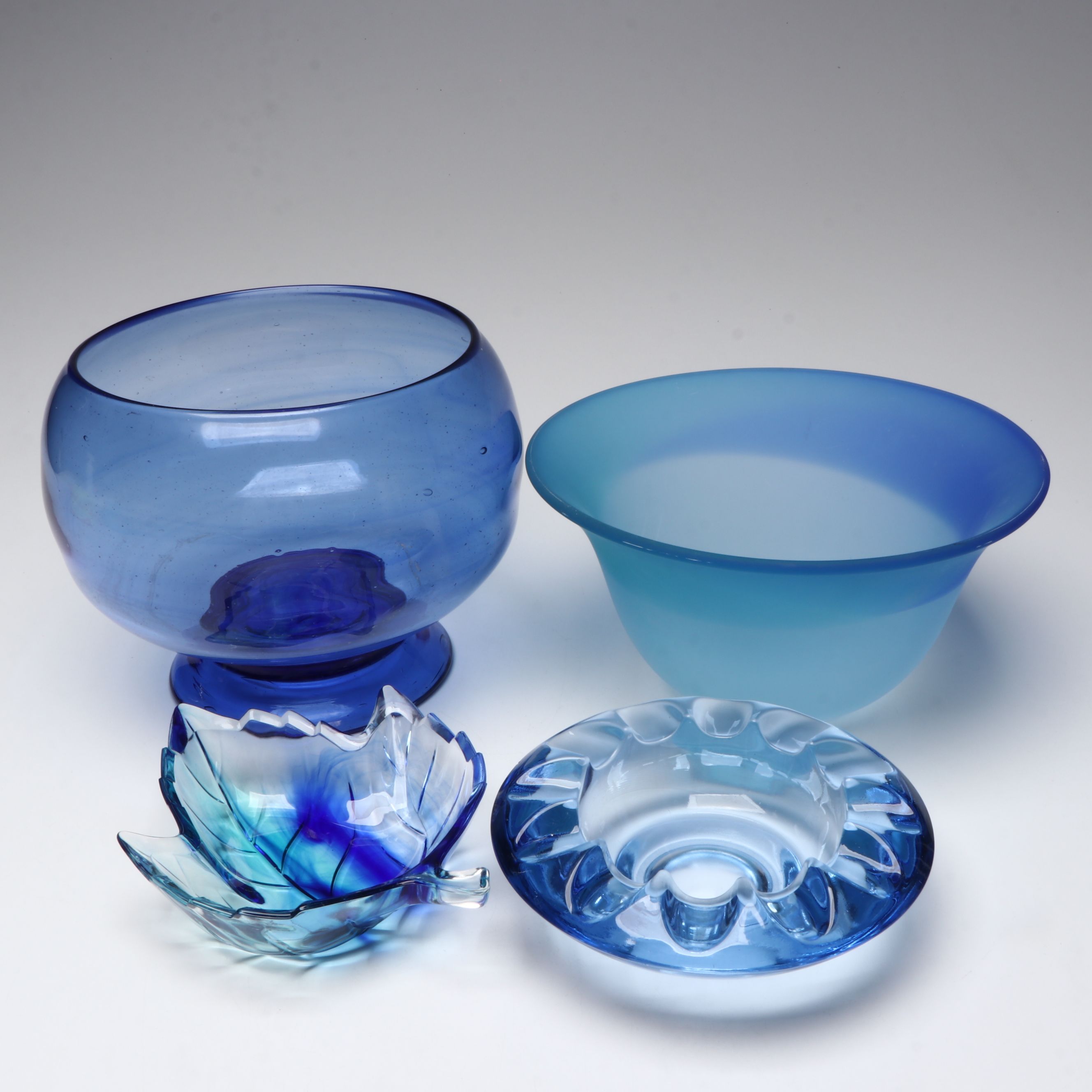 Blue Frosted and Clear Blown Art Glass Centerpiece Bowls, Ashtray and Leaf Dish