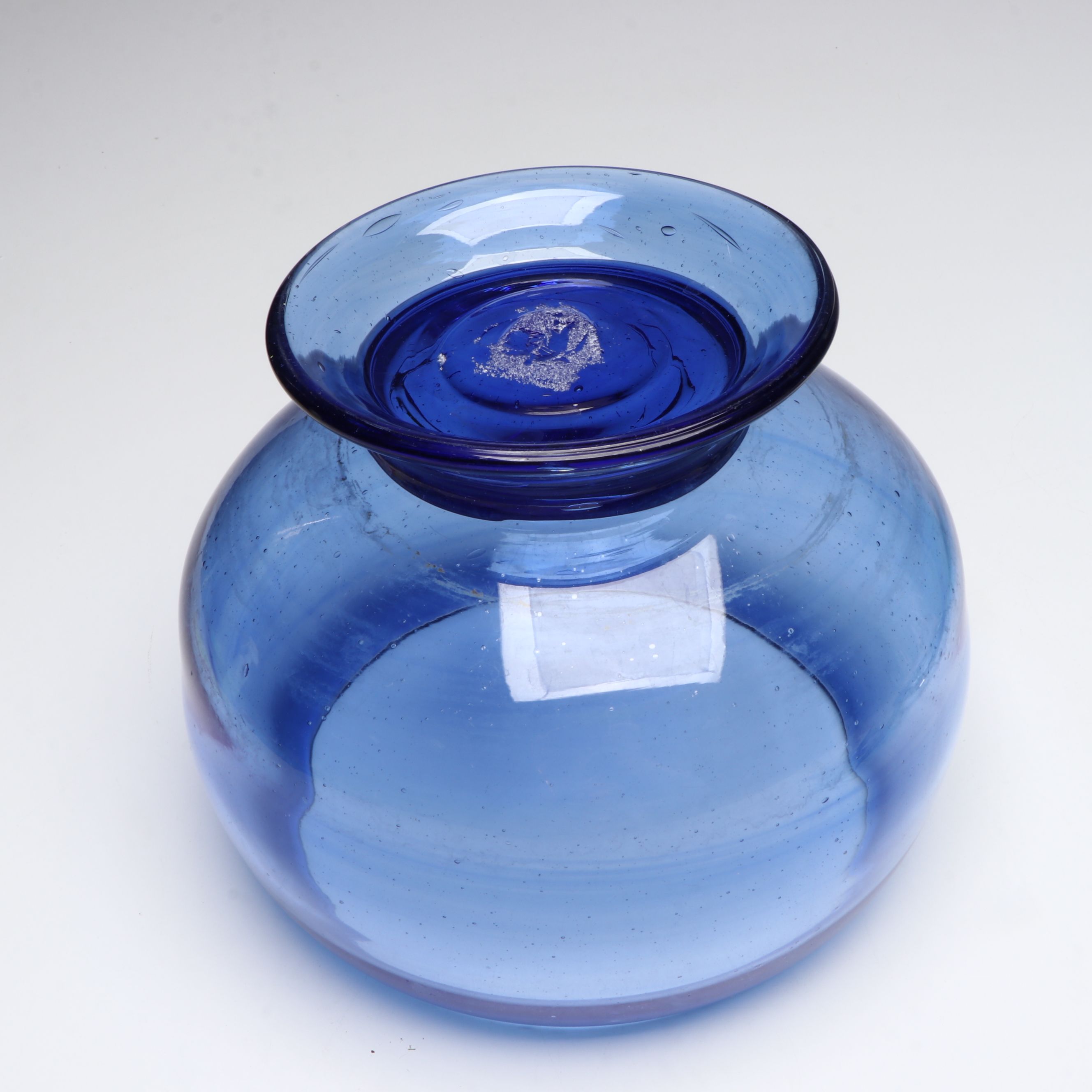 Blue Frosted and Clear Blown Art Glass Centerpiece Bowls, Ashtray and Leaf Dish