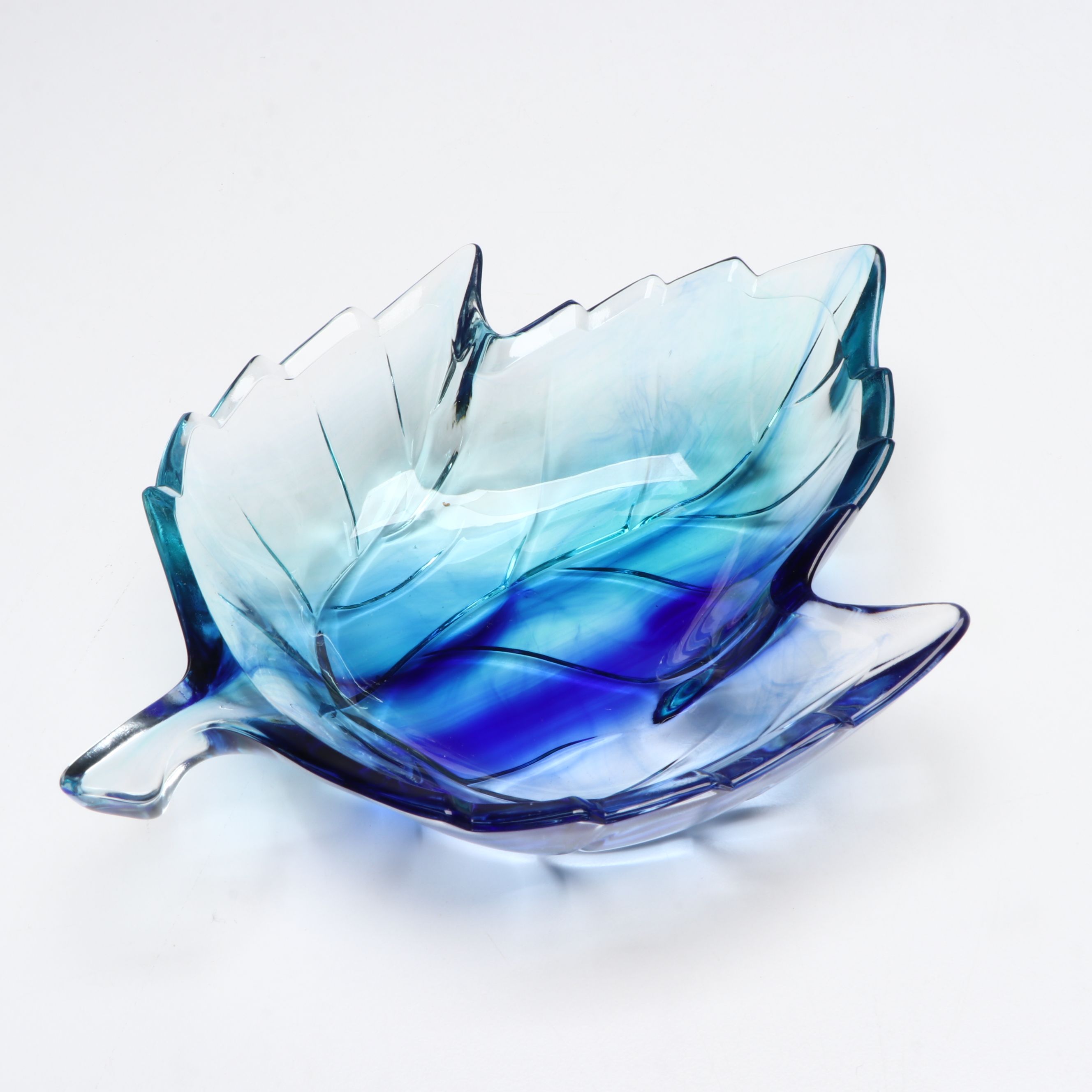 Blue Frosted and Clear Blown Art Glass Centerpiece Bowls, Ashtray and Leaf Dish