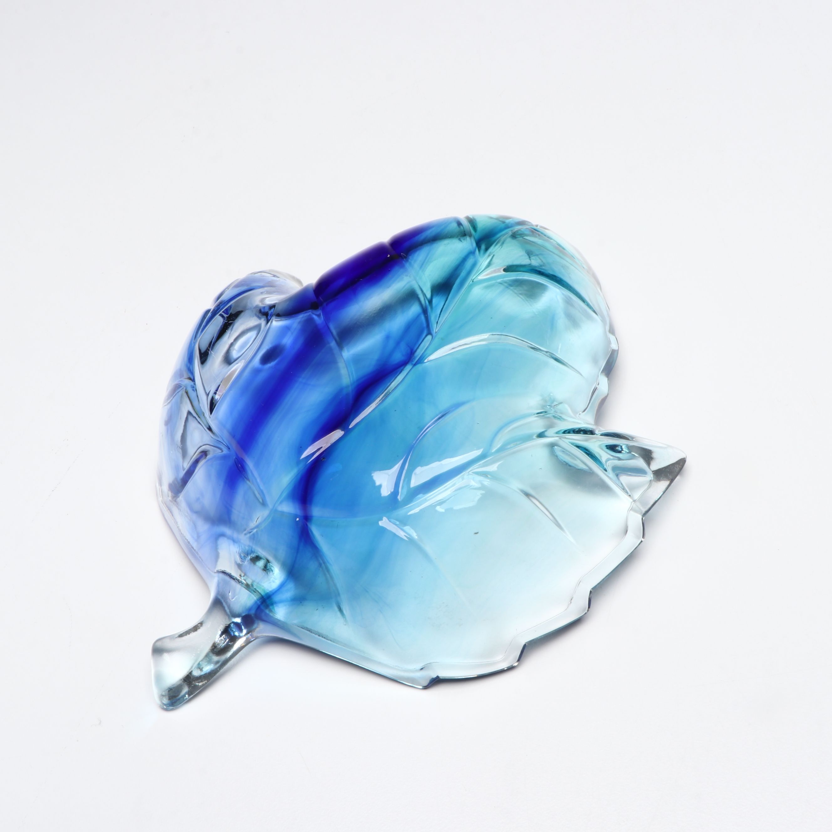 Blue Frosted and Clear Blown Art Glass Centerpiece Bowls, Ashtray and Leaf Dish