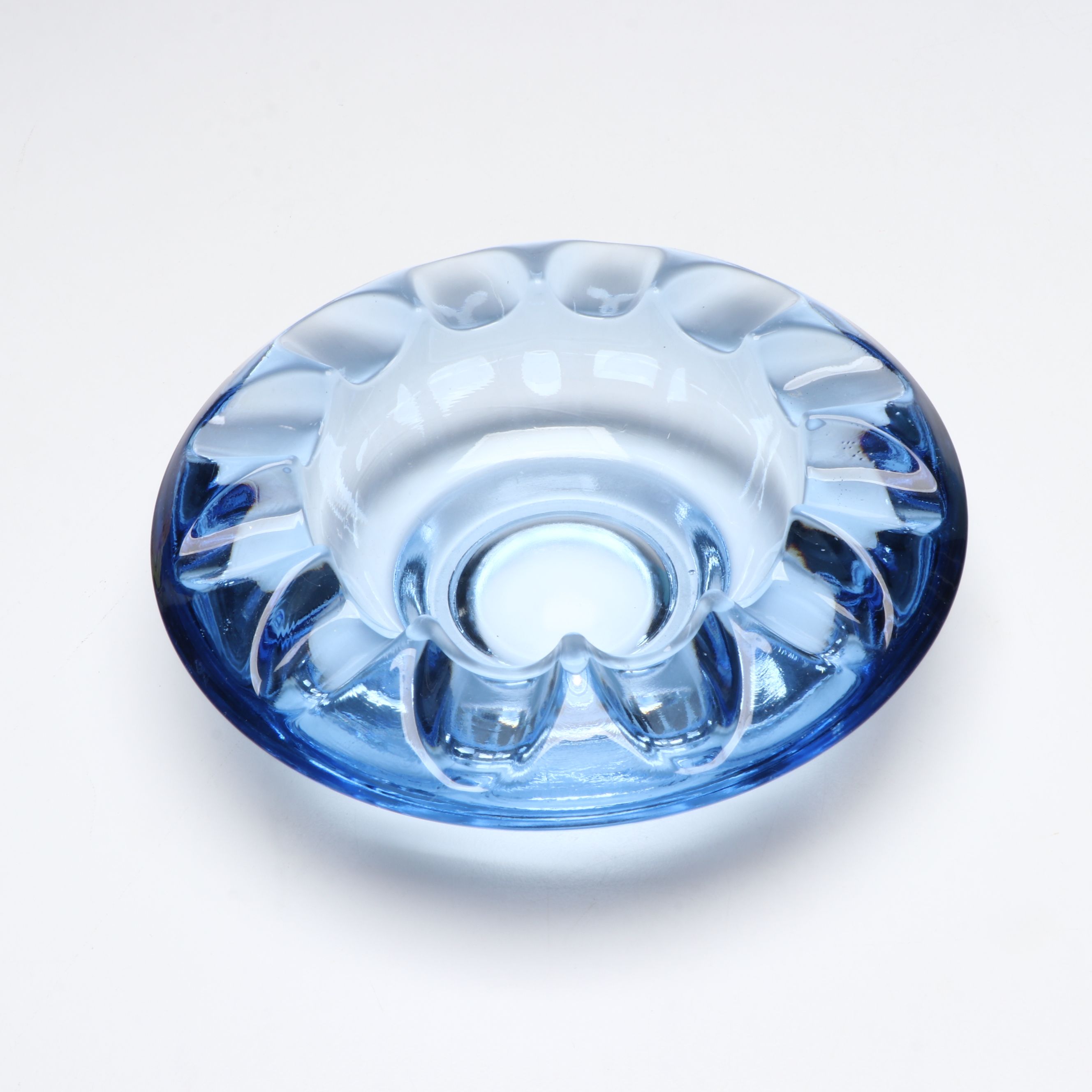 Blue Frosted and Clear Blown Art Glass Centerpiece Bowls, Ashtray and Leaf Dish