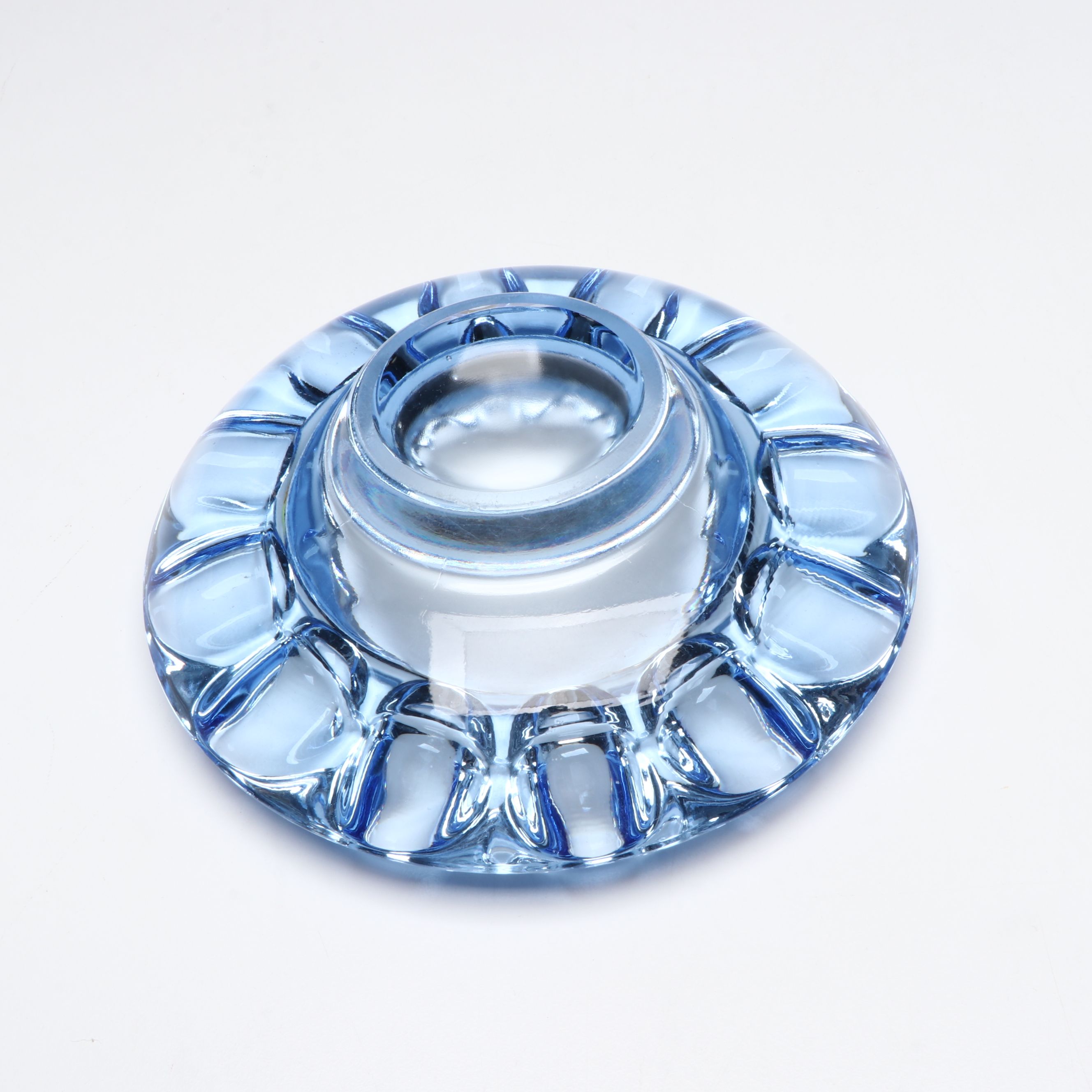 Blue Frosted and Clear Blown Art Glass Centerpiece Bowls, Ashtray and Leaf Dish