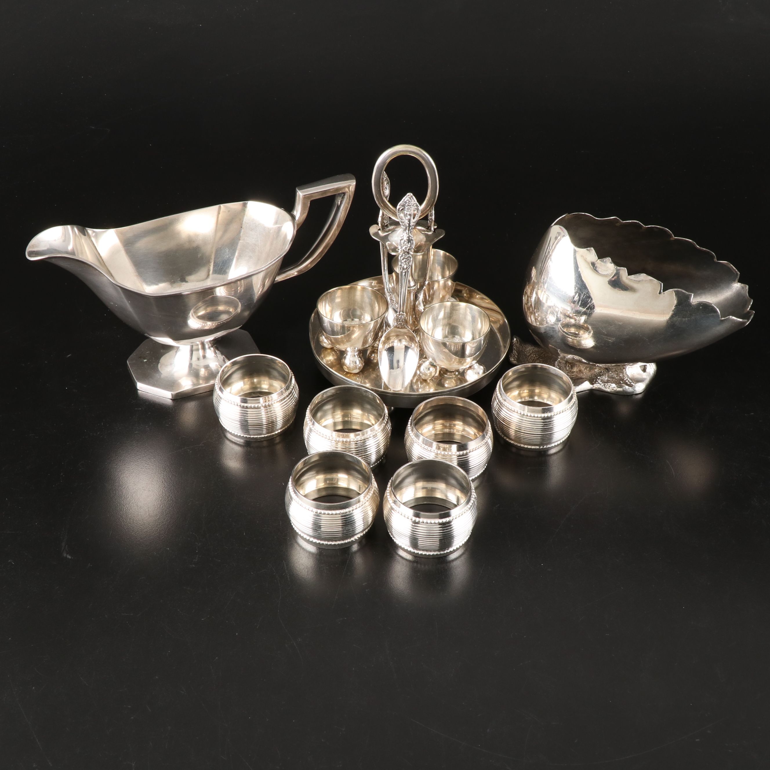 Silver Plate Egg Cup Set with Other Gravy Boats and Napkin Rings