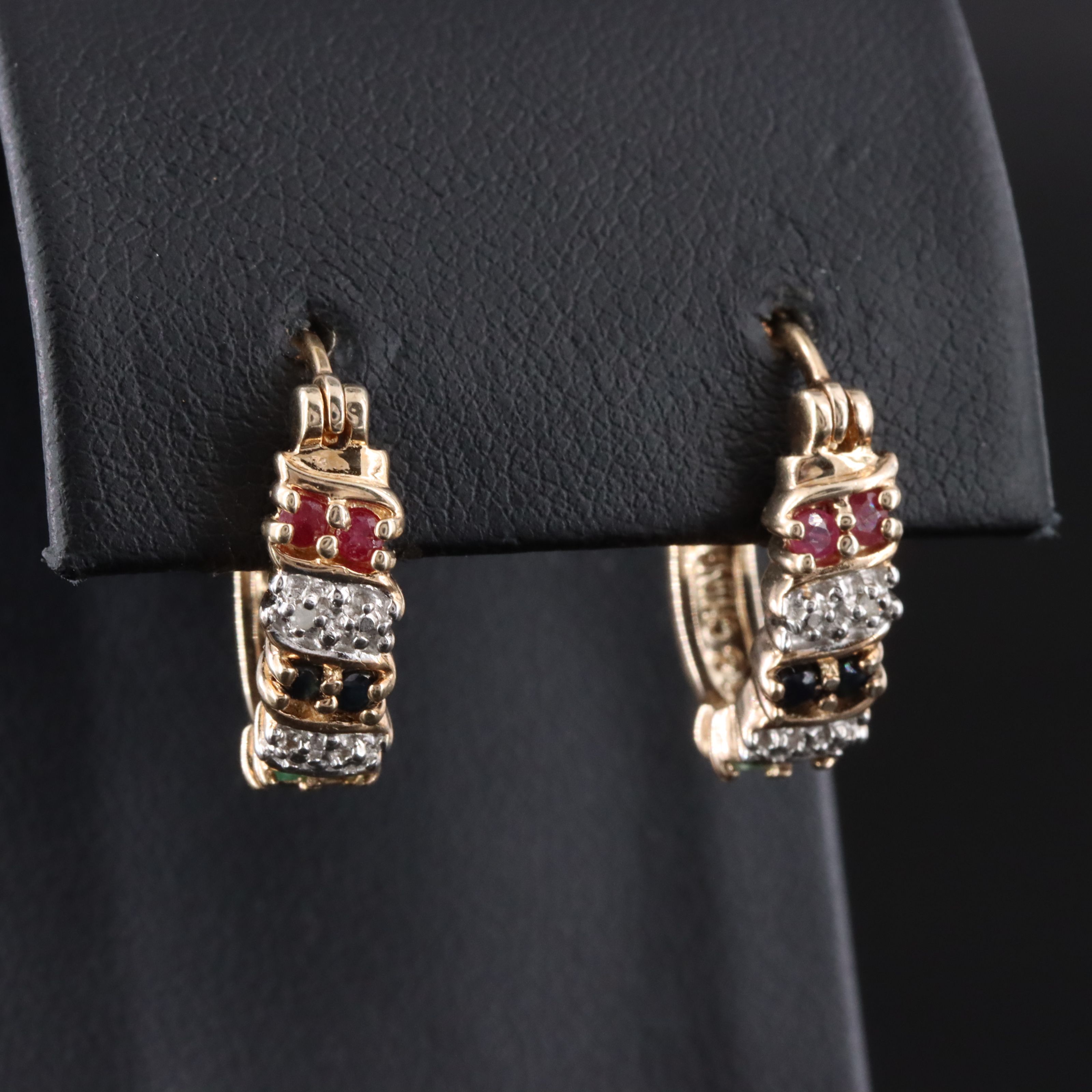 Sterling Ruby, Sapphire, Emerald, and Diamond Accent J Hoop Earrings