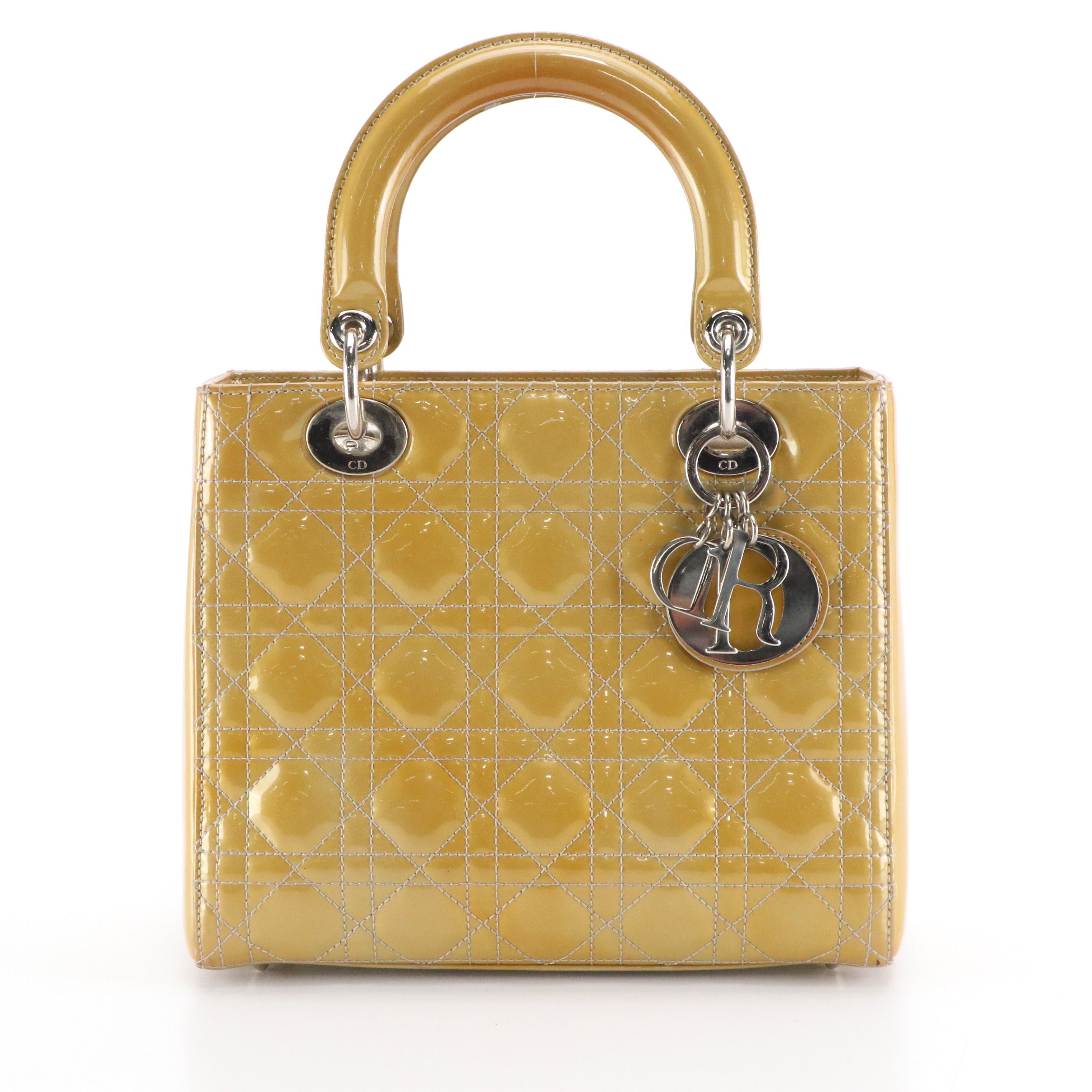 Christian Dior Small Lady Dior Handbag in Gold Cannage Quilted Patent Leather