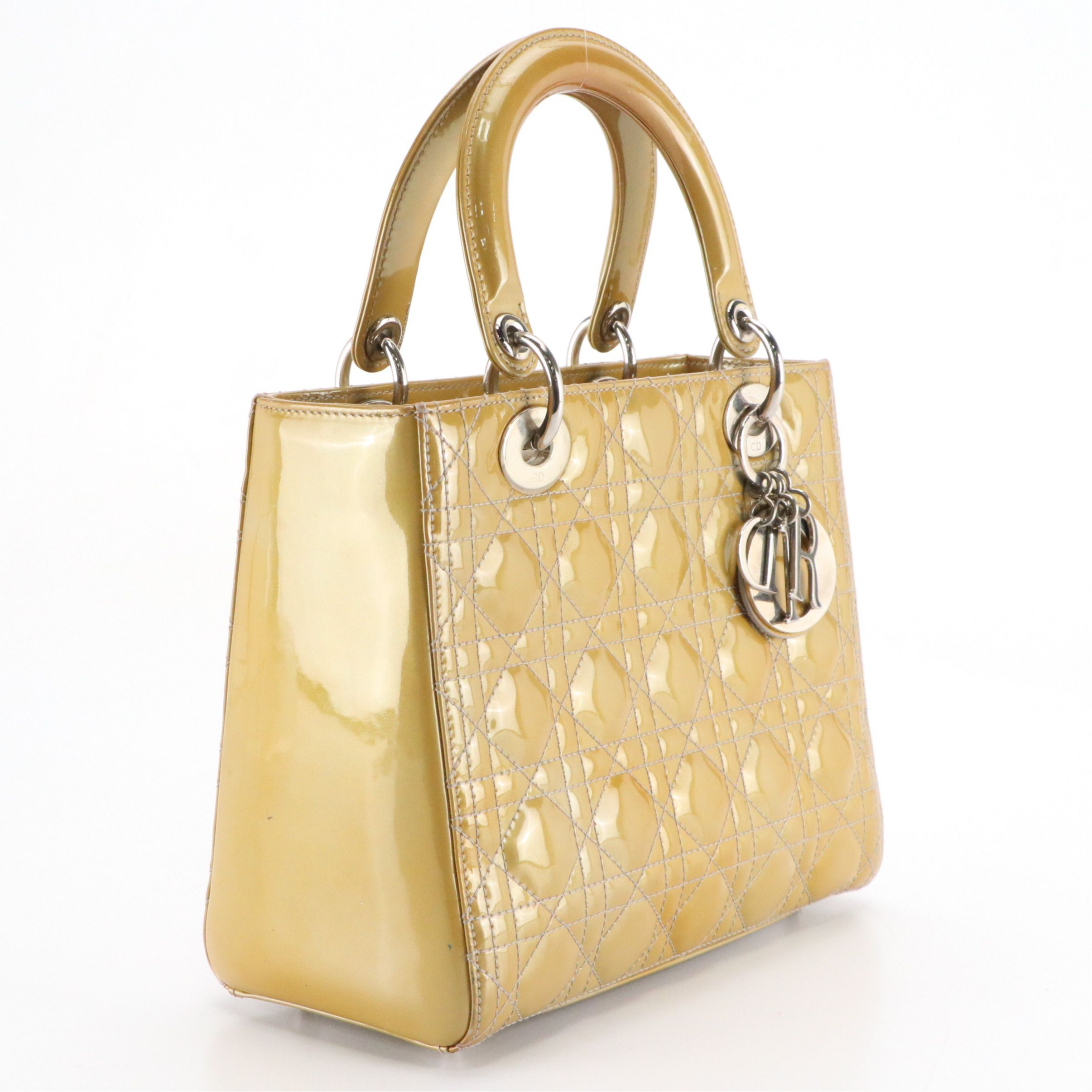 Christian Dior Small Lady Dior Handbag in Gold Cannage Quilted Patent Leather