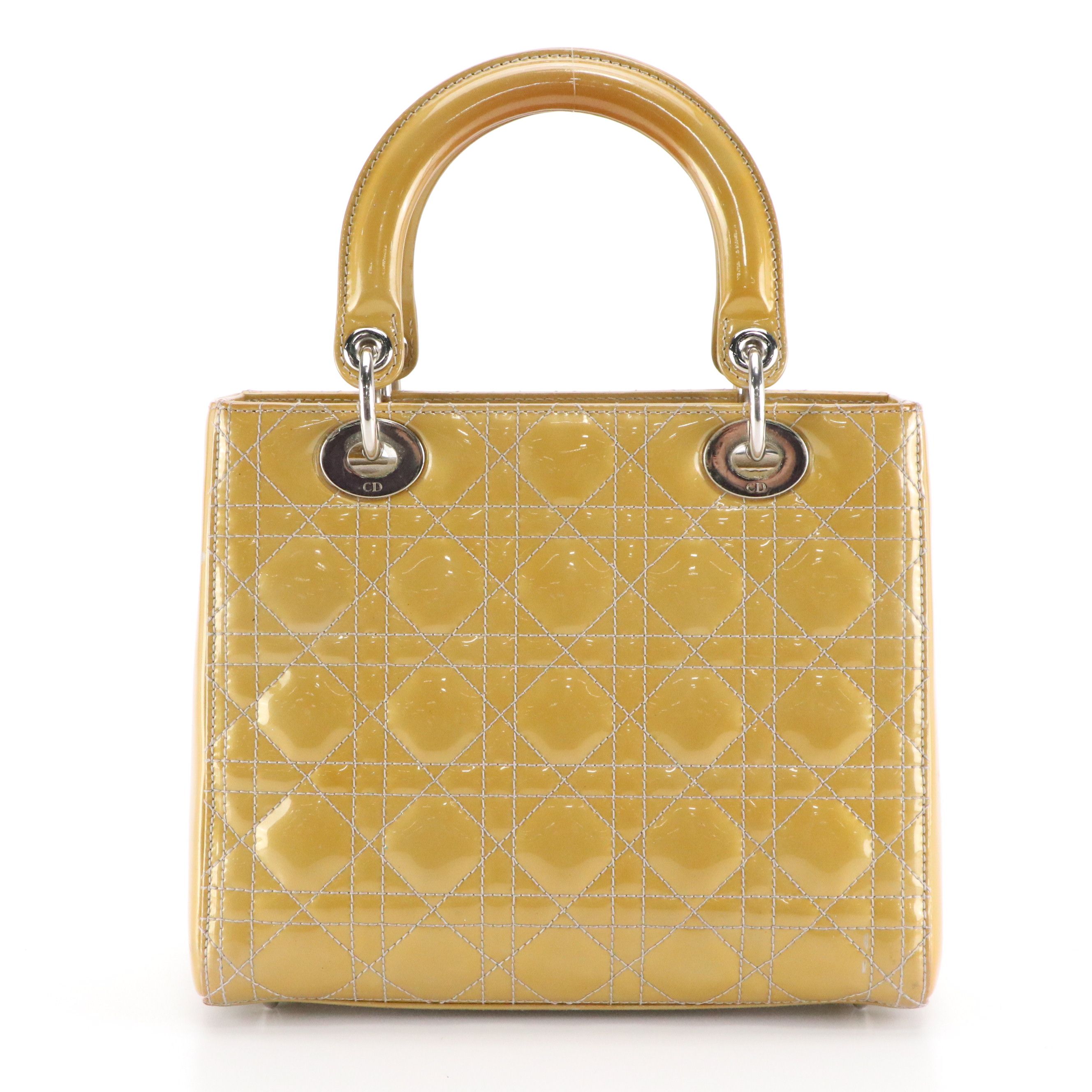Christian Dior Small Lady Dior Handbag in Gold Cannage Quilted Patent Leather
