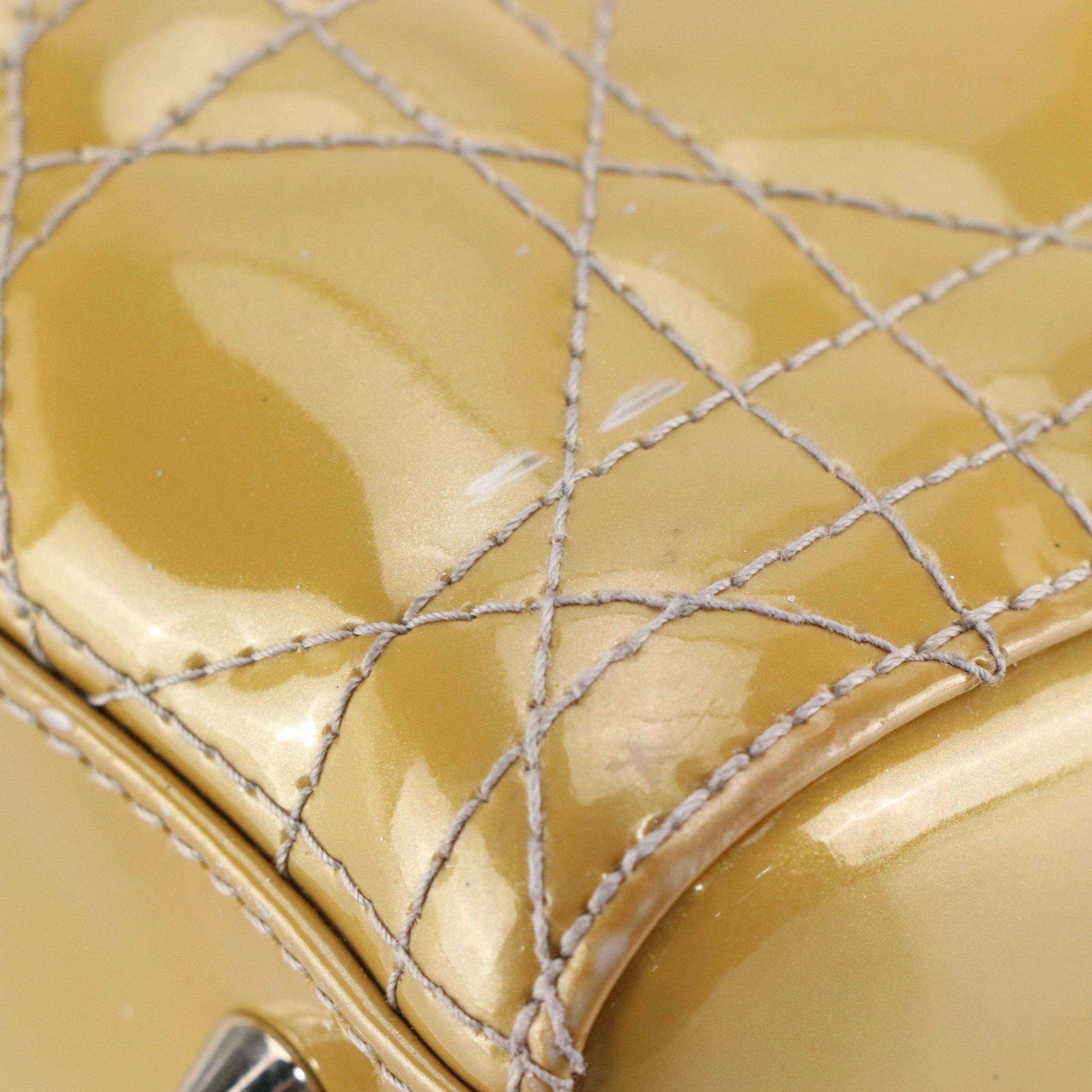 Christian Dior Small Lady Dior Handbag in Gold Cannage Quilted Patent Leather
