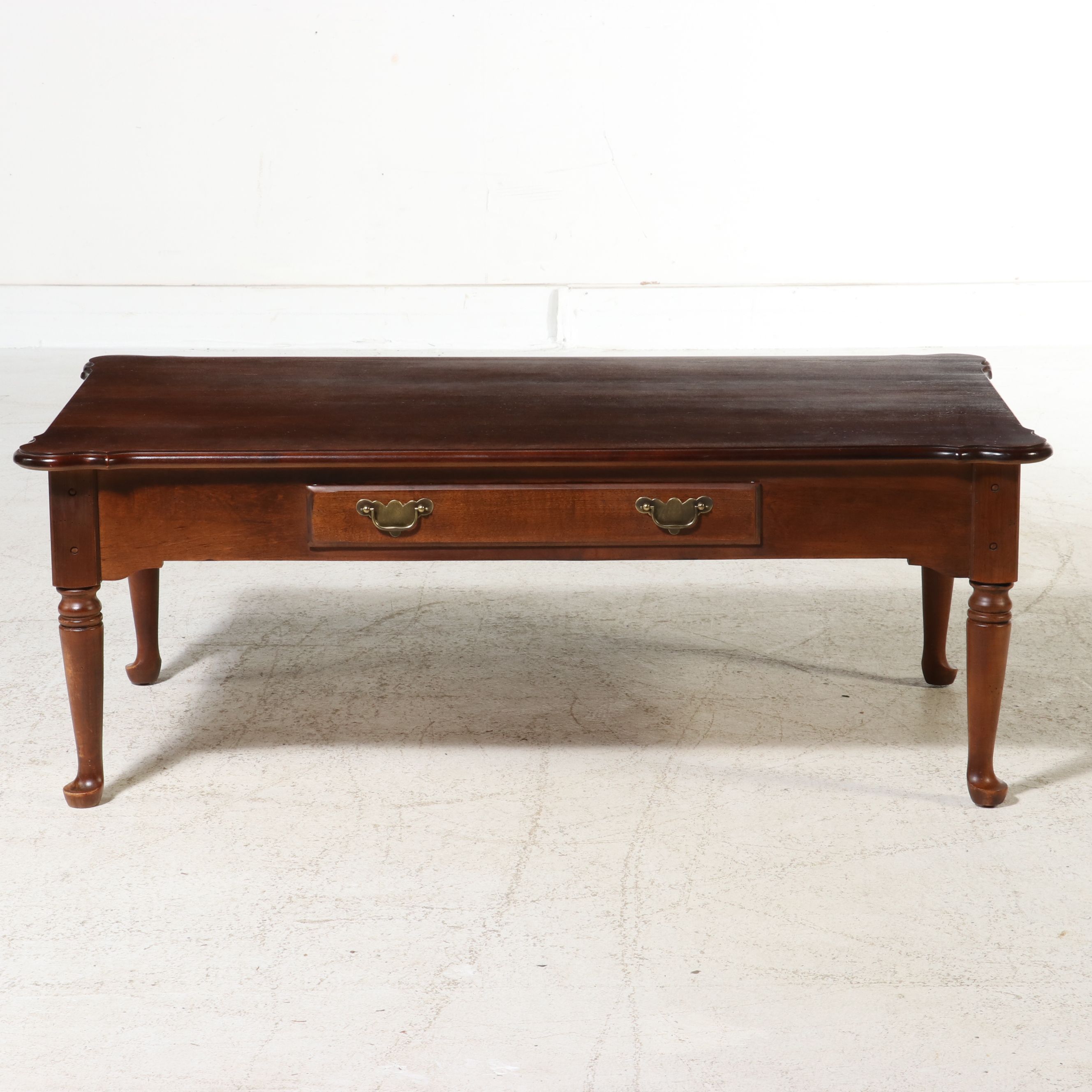 Bassett Queen Anne Style Cherry Coffee Table with Drawer, Late 20th Century