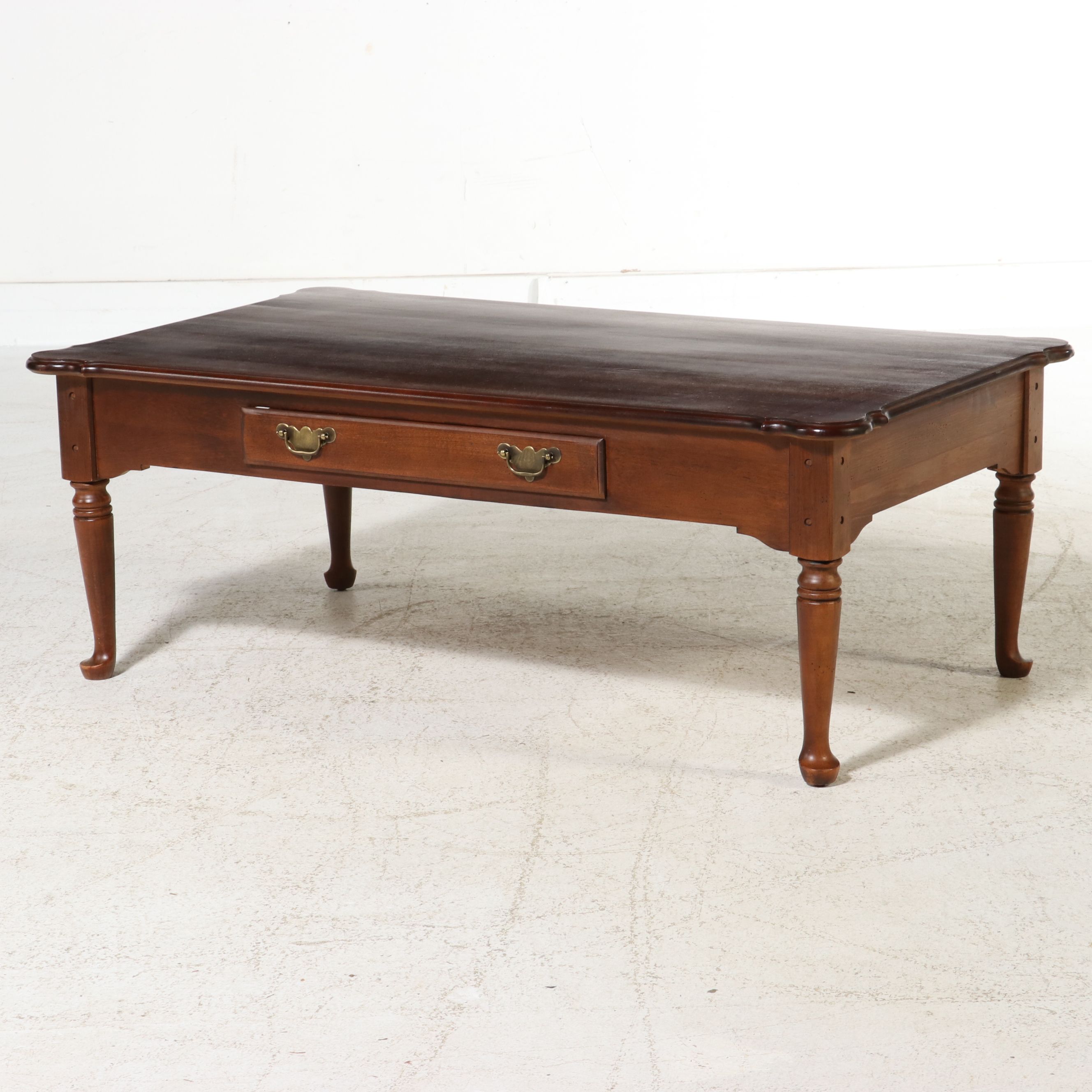 Bassett Queen Anne Style Cherry Coffee Table with Drawer, Late 20th Century