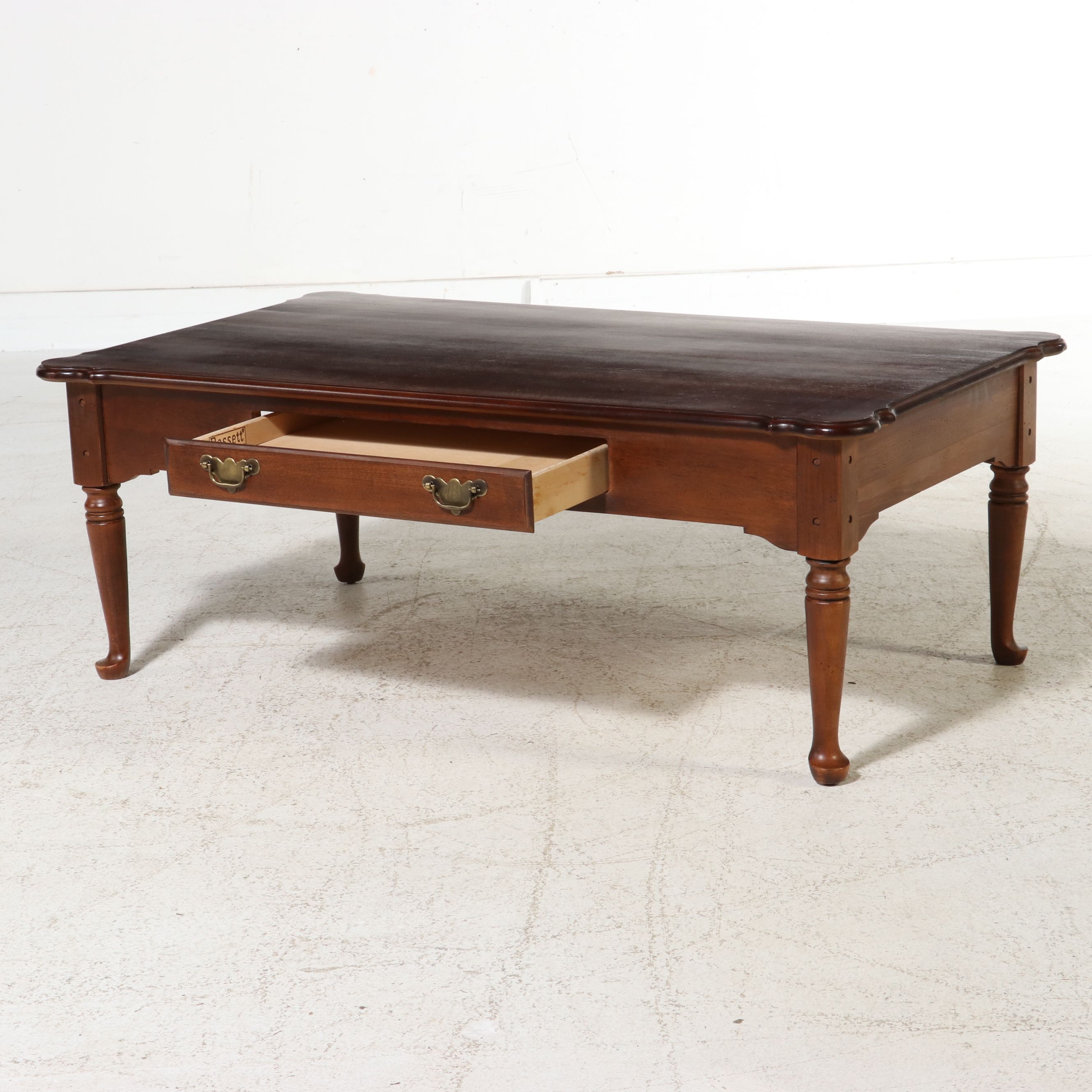 Bassett Queen Anne Style Cherry Coffee Table with Drawer, Late 20th Century