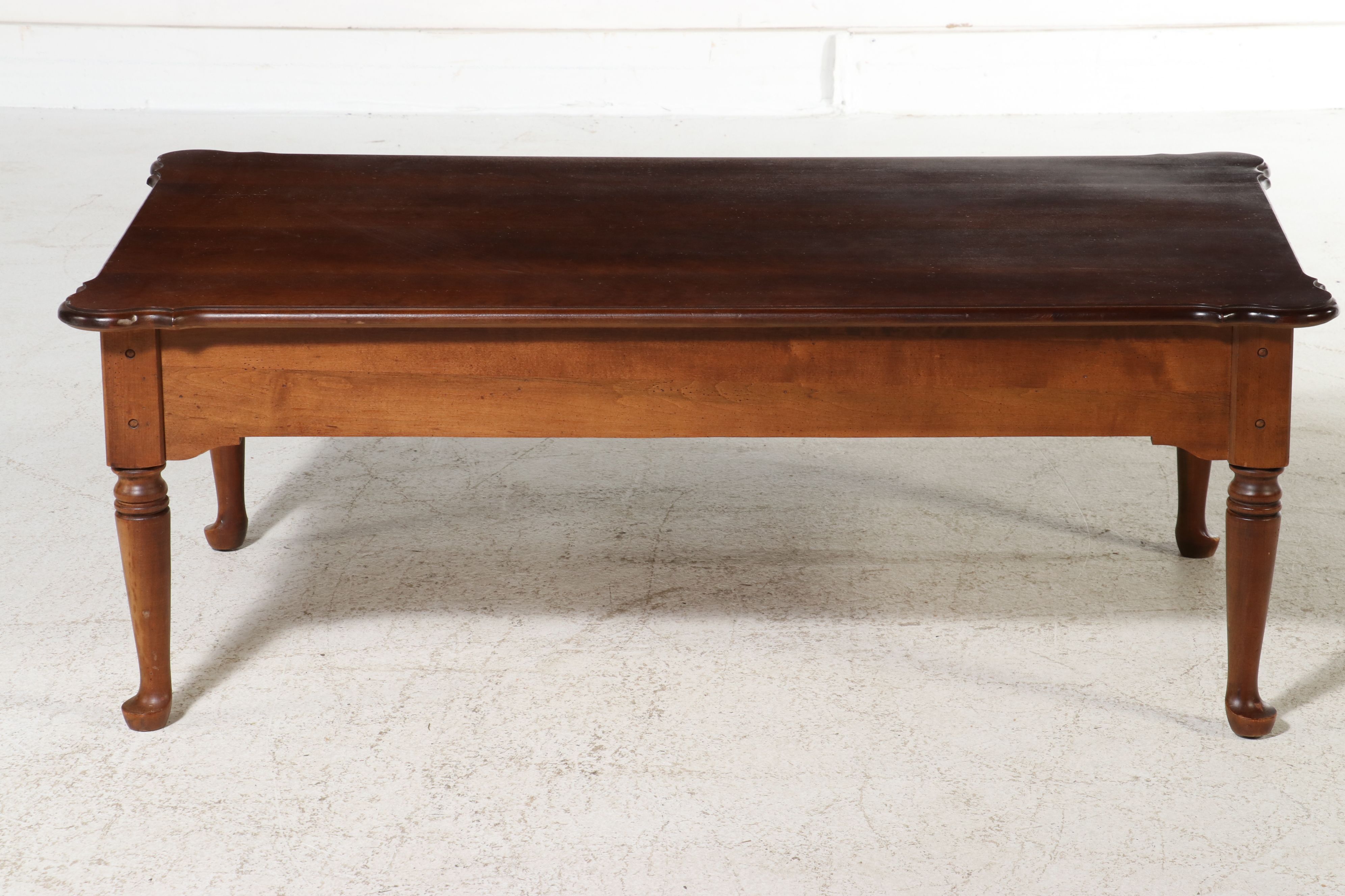 Bassett Queen Anne Style Cherry Coffee Table with Drawer, Late 20th Century