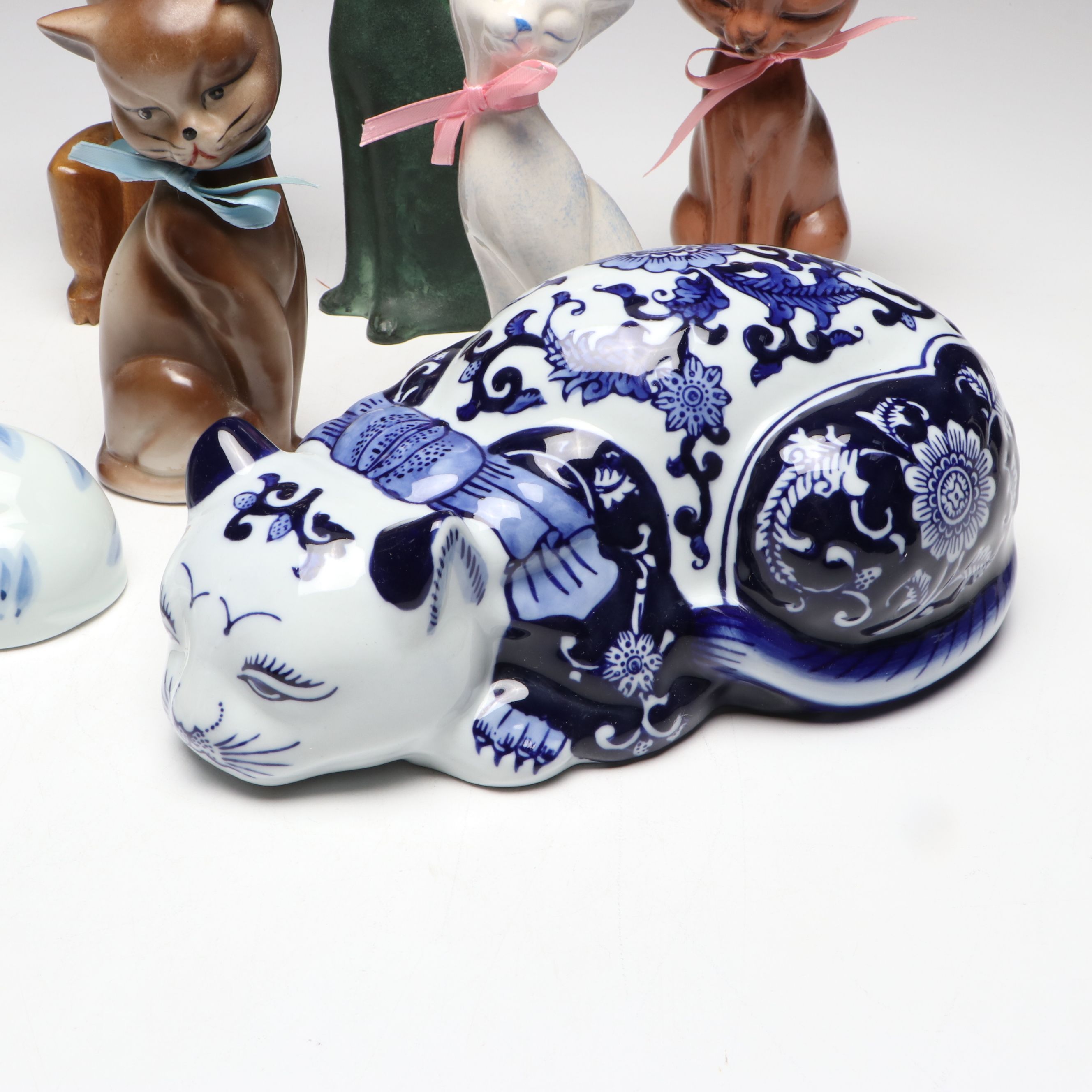M. Okazaki Porcelain Sleeping Cat, Cast Iron Cat Doorstop and More Cat Figures