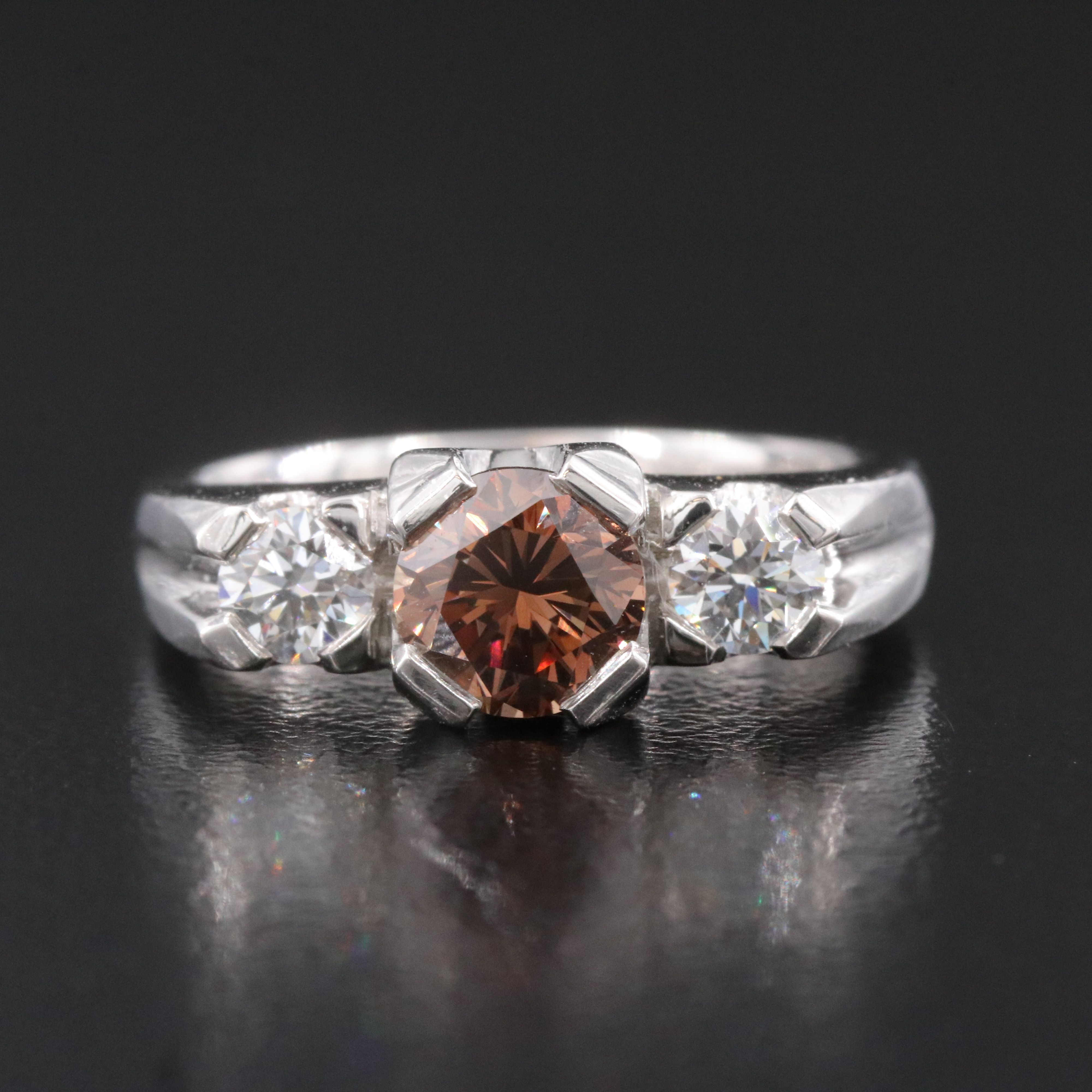 Platinum 1.28 CTW Diamond Three Stone Ring Including Fancy Brown Center