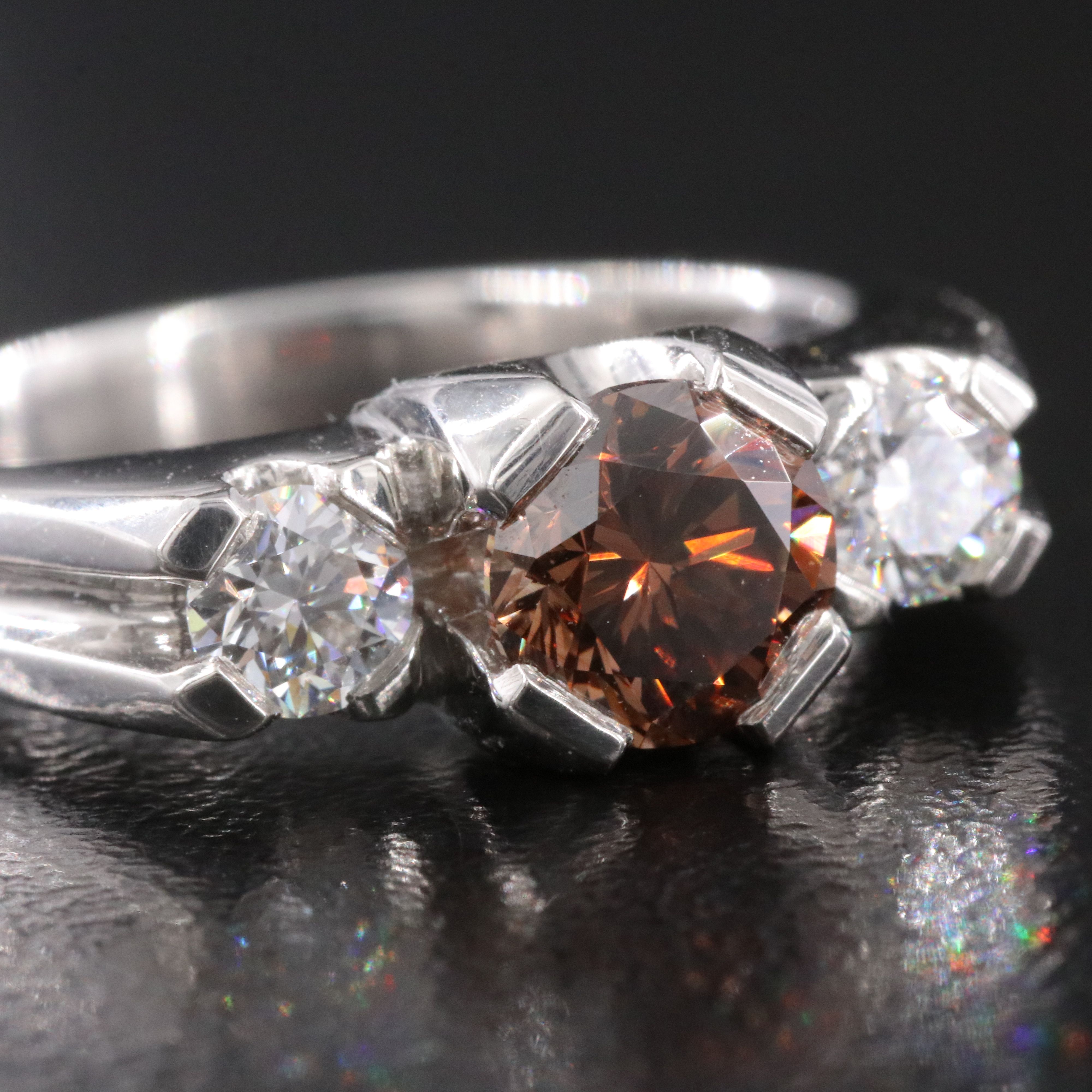 Platinum 1.28 CTW Diamond Three Stone Ring Including Fancy Brown Center