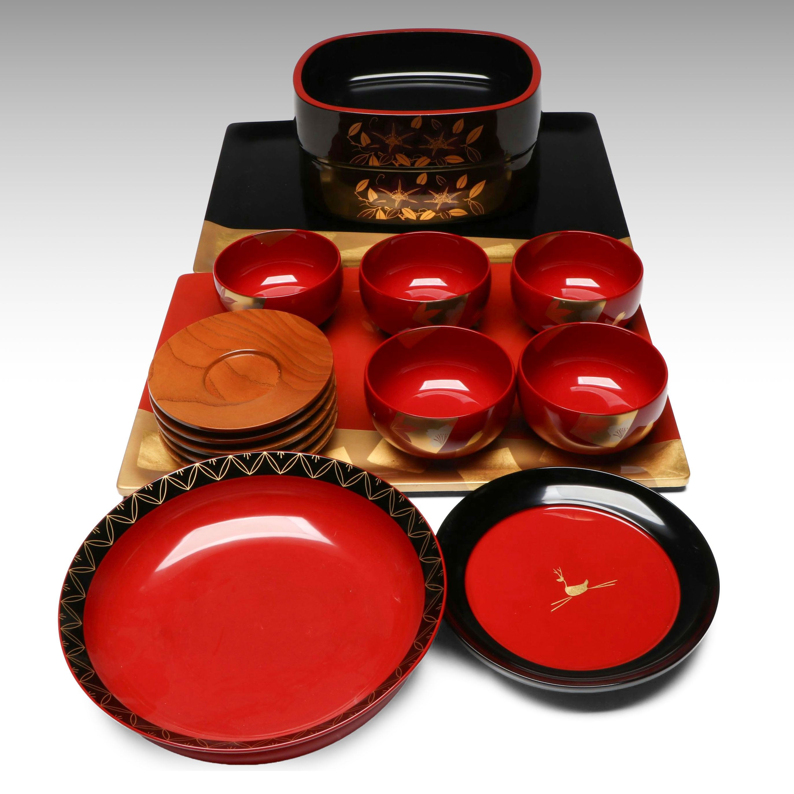 Japanese Red, Black and Gold Lacquerware Trays and More Serveware