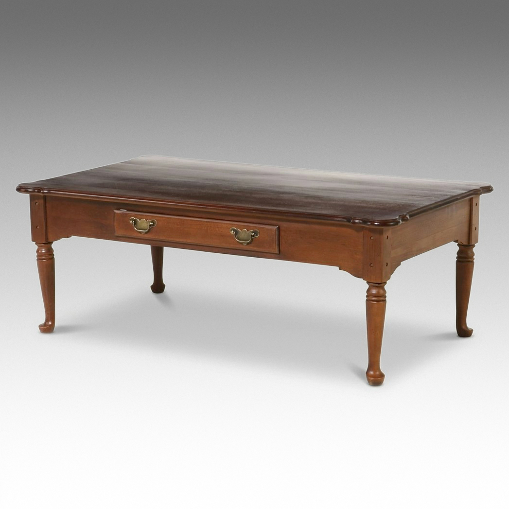 Bassett Queen Anne Style Cherry Coffee Table with Drawer, Late 20th Century