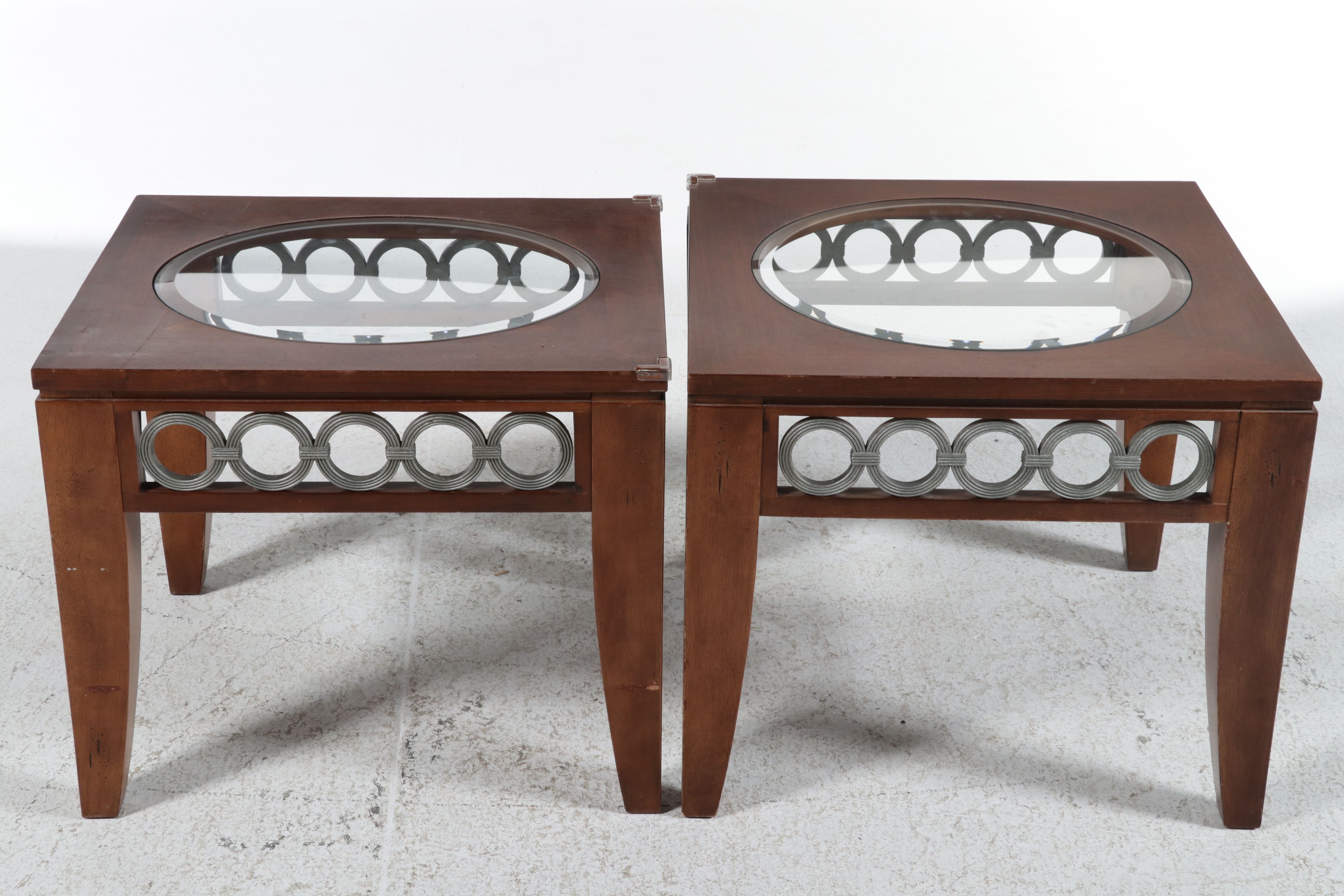 Pair of Contemporary Cherry and Metal Interlocking Ring Side Tables
