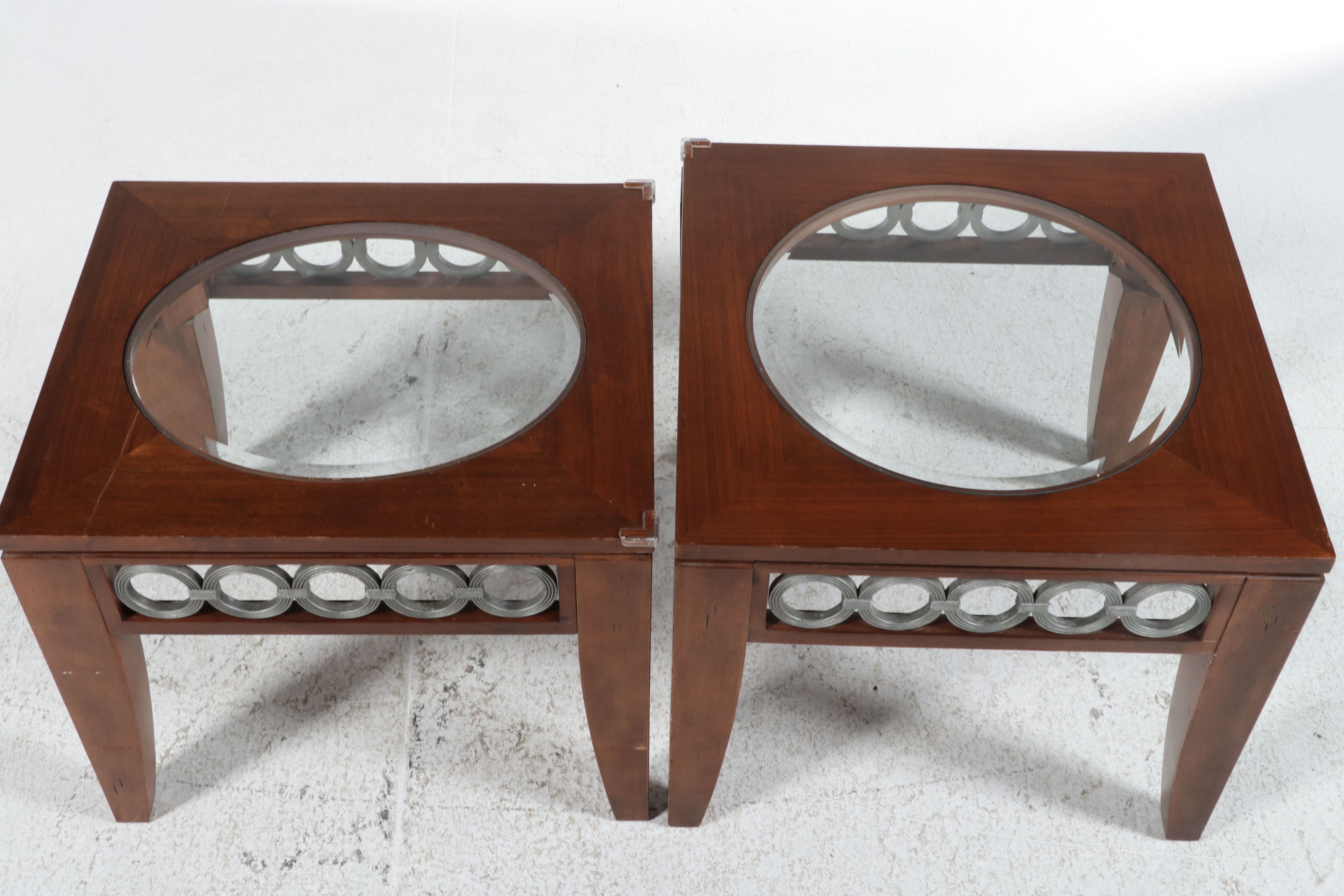 Pair of Contemporary Cherry and Metal Interlocking Ring Side Tables