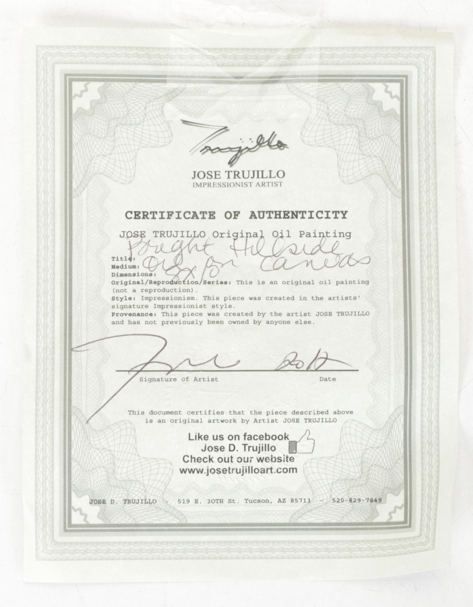 Jose D. Trujillo Oil Painting "Bright Hillside", 2017