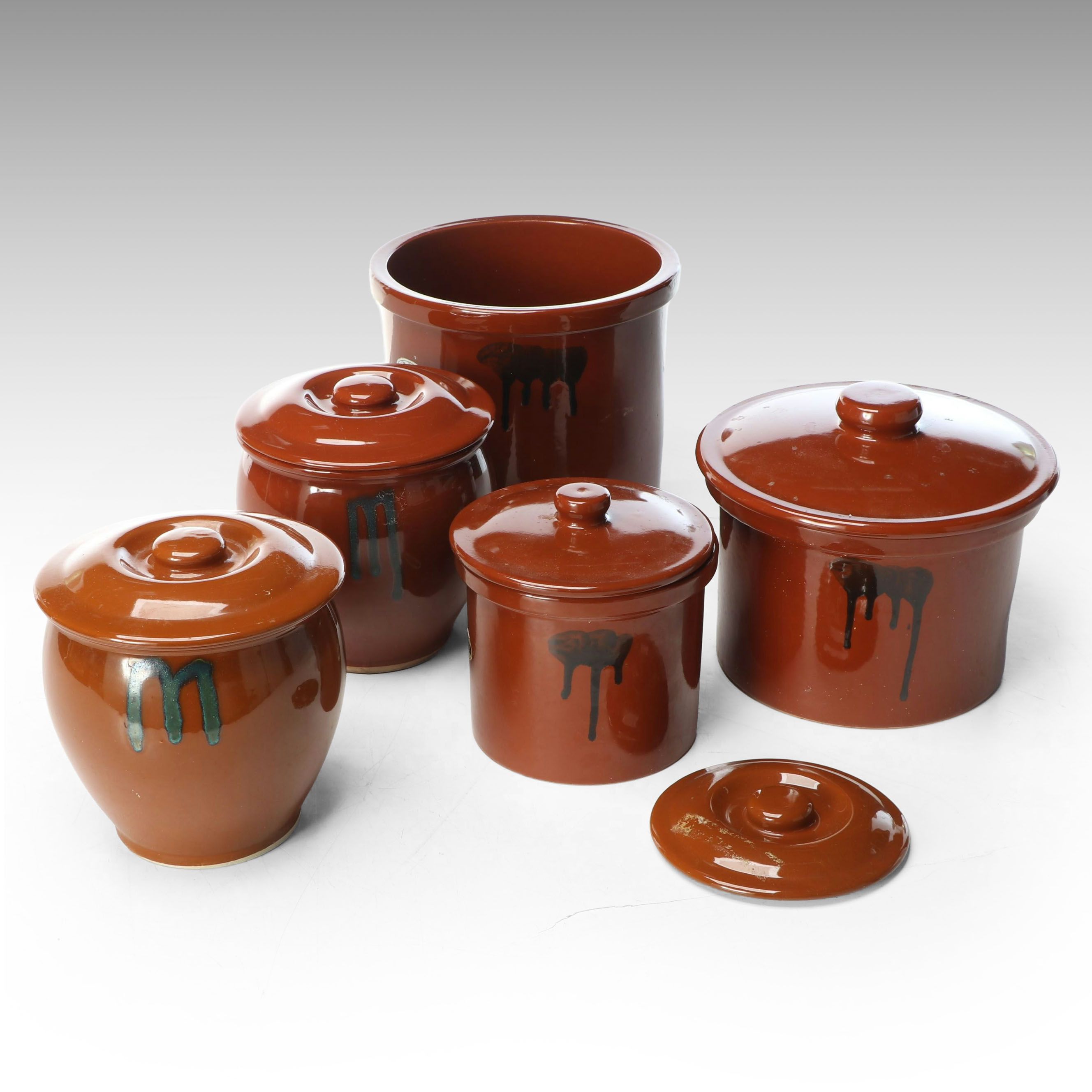 Japanese Glazed Earthenware Crocks and Sauce Jars
