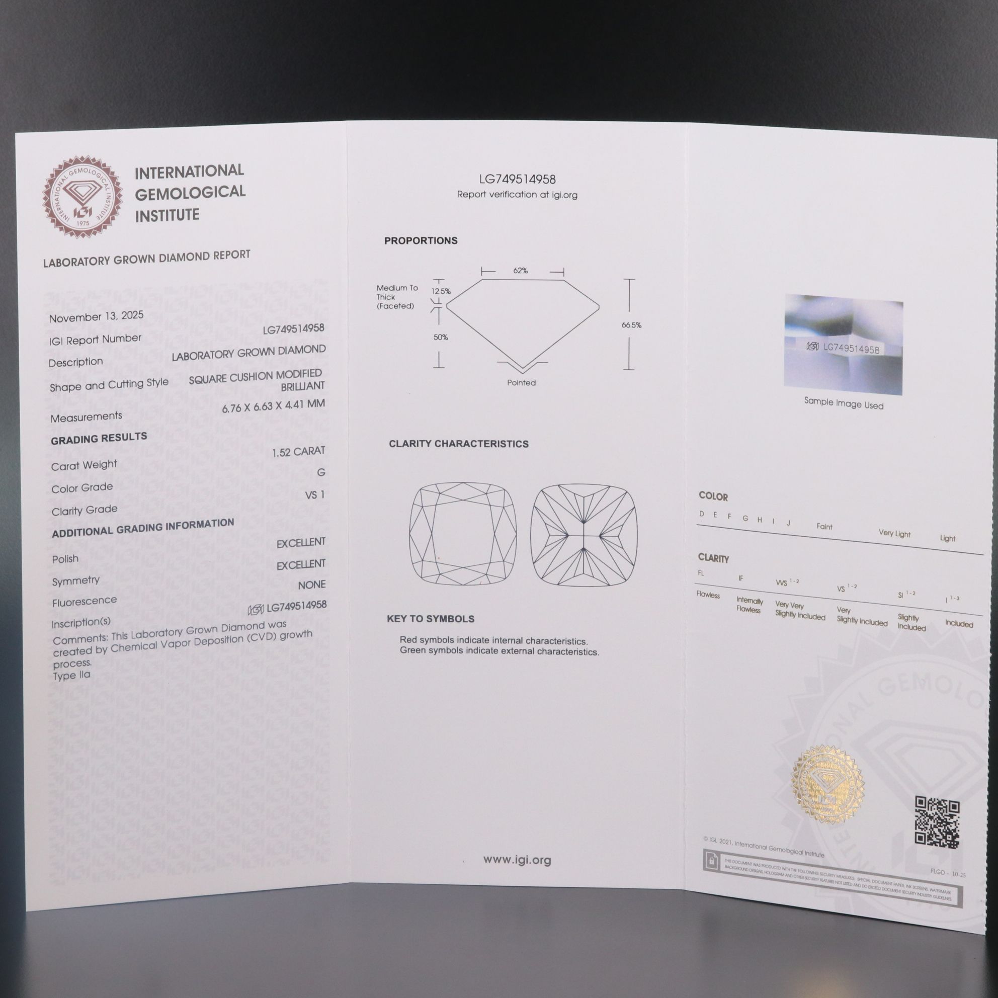 Loose 1.52 CT Lab Grown Diamond with IGI Report