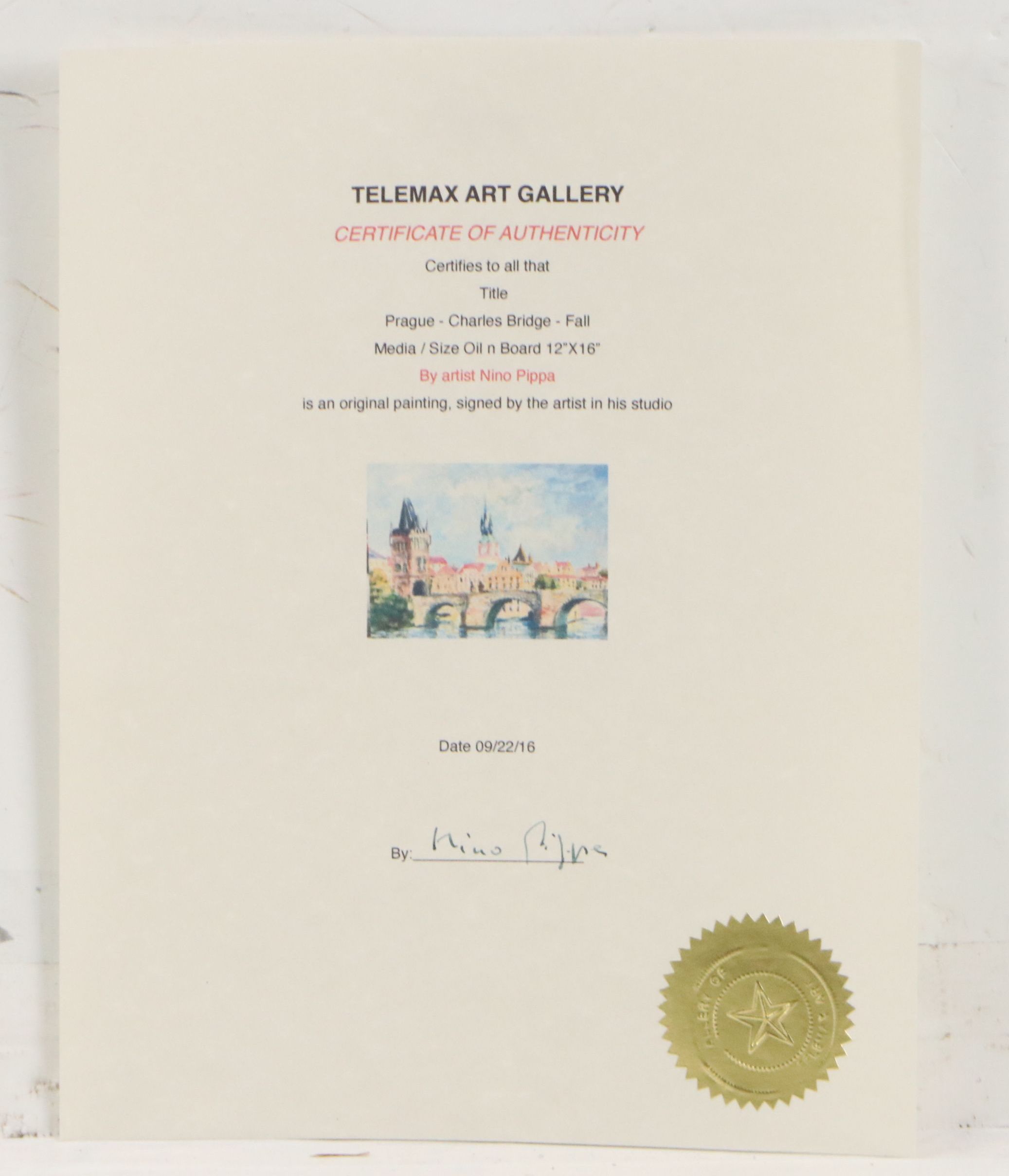 Nino Pippa Oil Painting "Prague - Charles Bridge - Fall," 2016