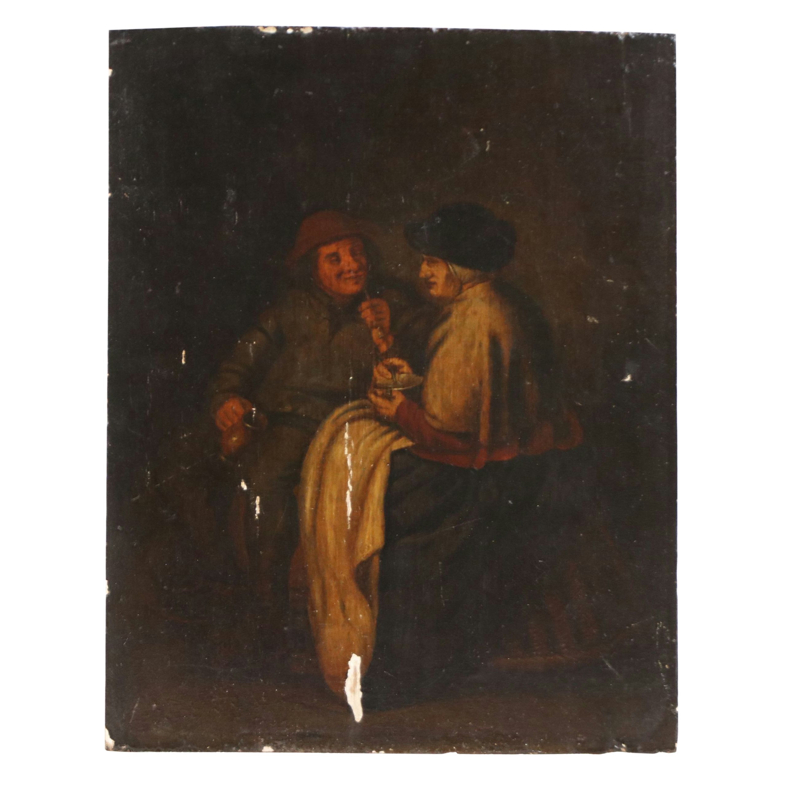 Dutch School Genre Oil Painting of Figures in Interior Scene, Late 17th Century