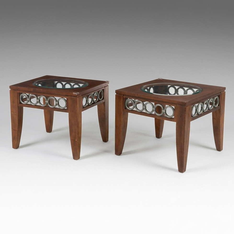 Pair of Contemporary Cherry and Metal Interlocking Ring Side Tables