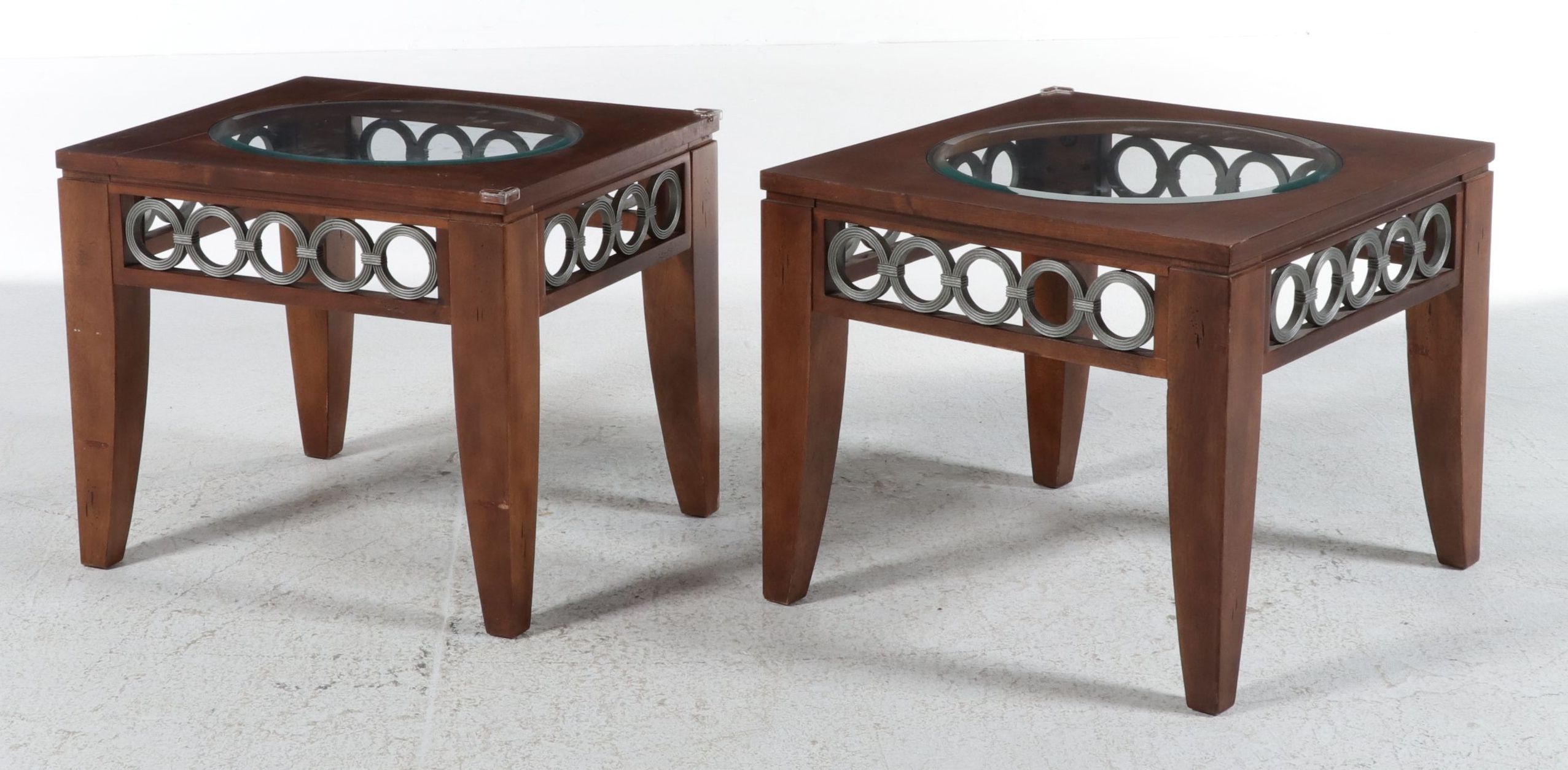 Pair of Contemporary Cherry and Metal Interlocking Ring Side Tables