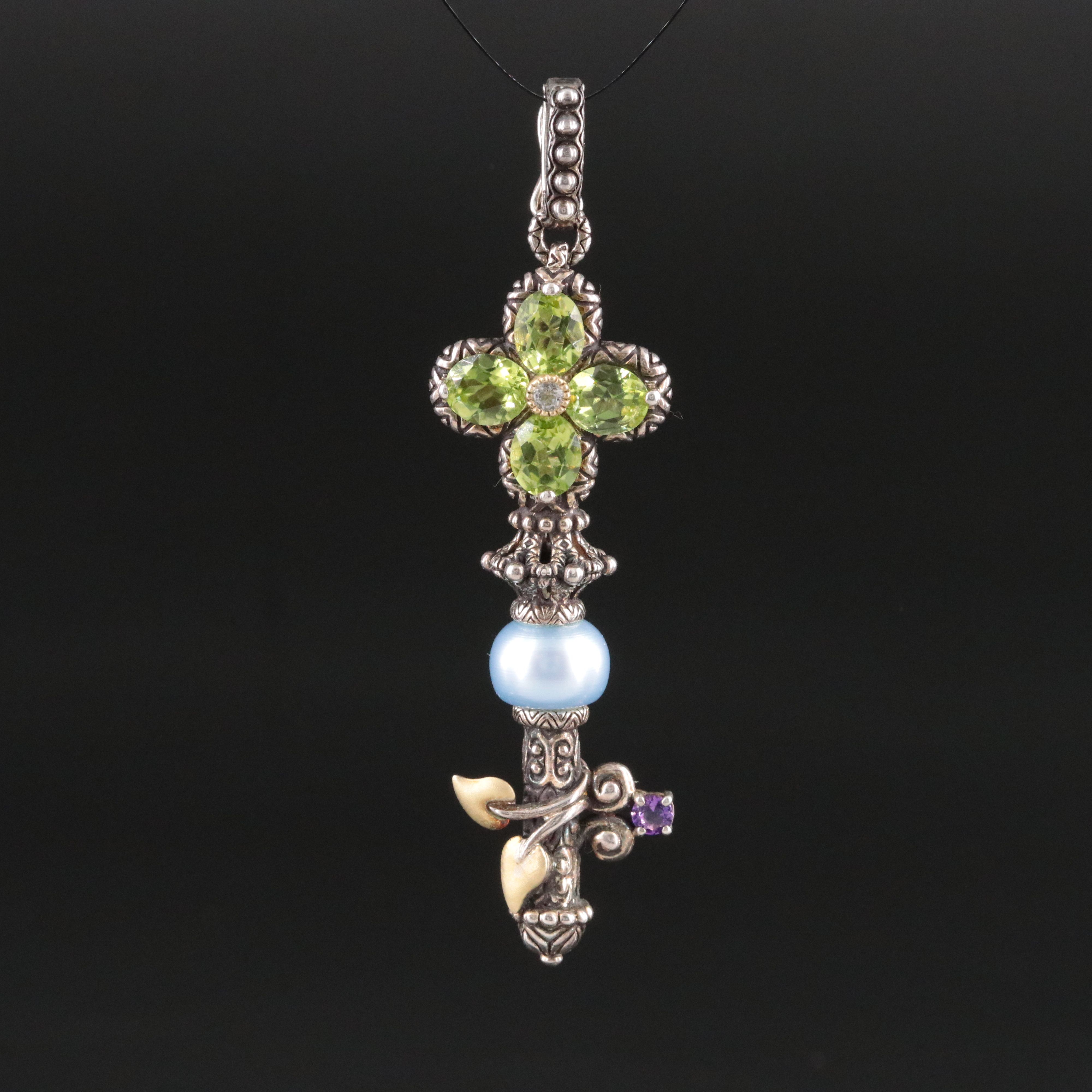 Barbara Bixby Sterling Peridot, Amethyst and White Topaz Key Pendant