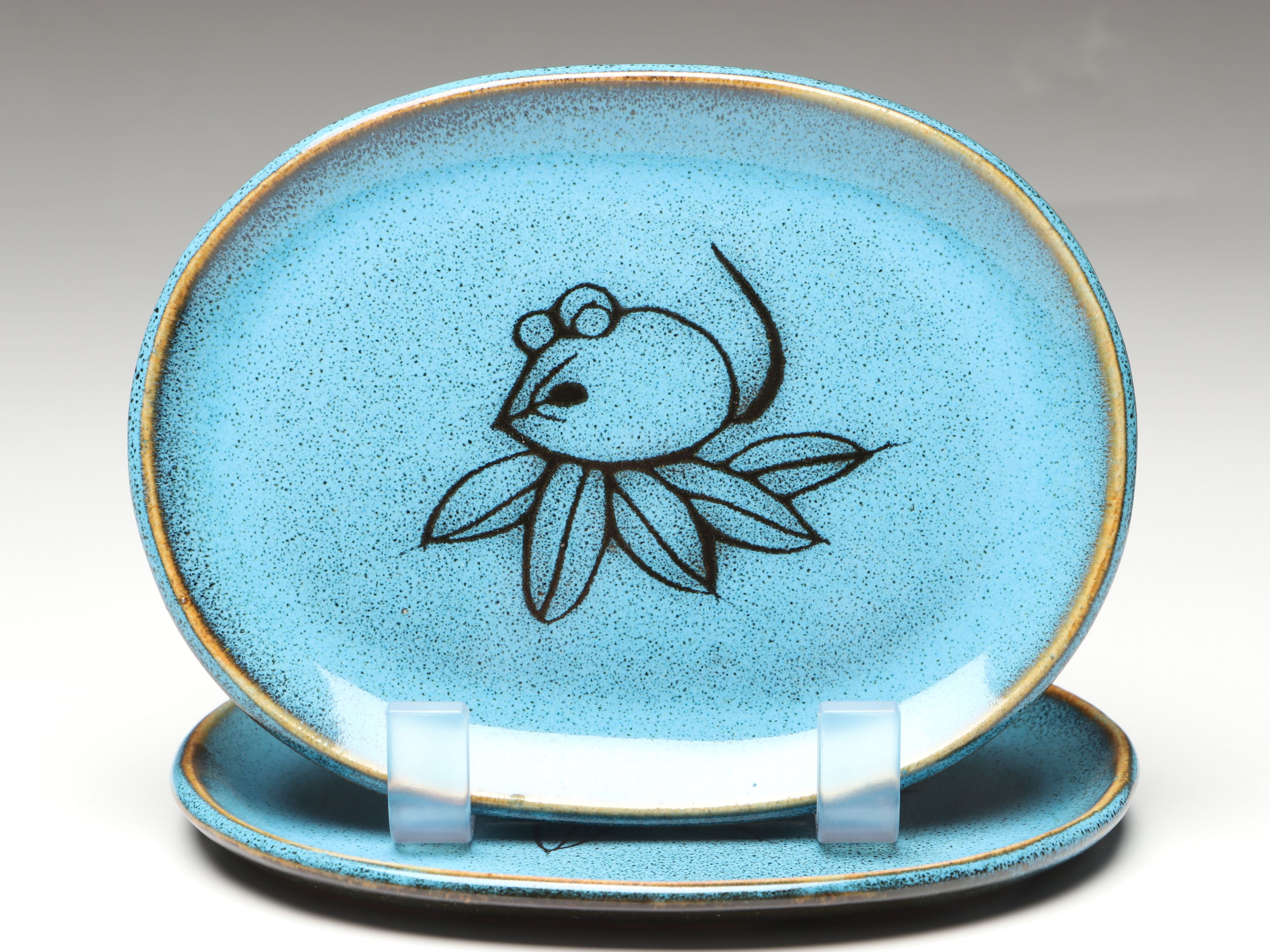 Japanese Art Pottery Ikebana Flower Frog with Vase, Trays, and More Tableware