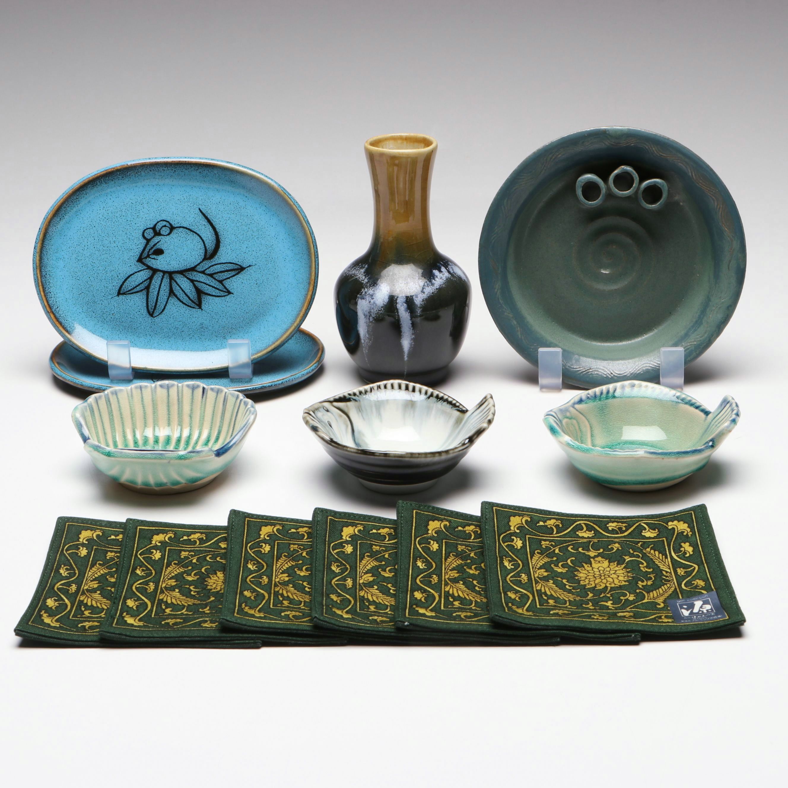 Japanese Art Pottery Ikebana Flower Frog with Vase, Trays, and More Tableware