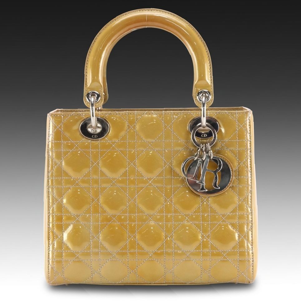 Christian Dior Small Lady Dior Handbag in Gold Cannage Quilted Patent Leather