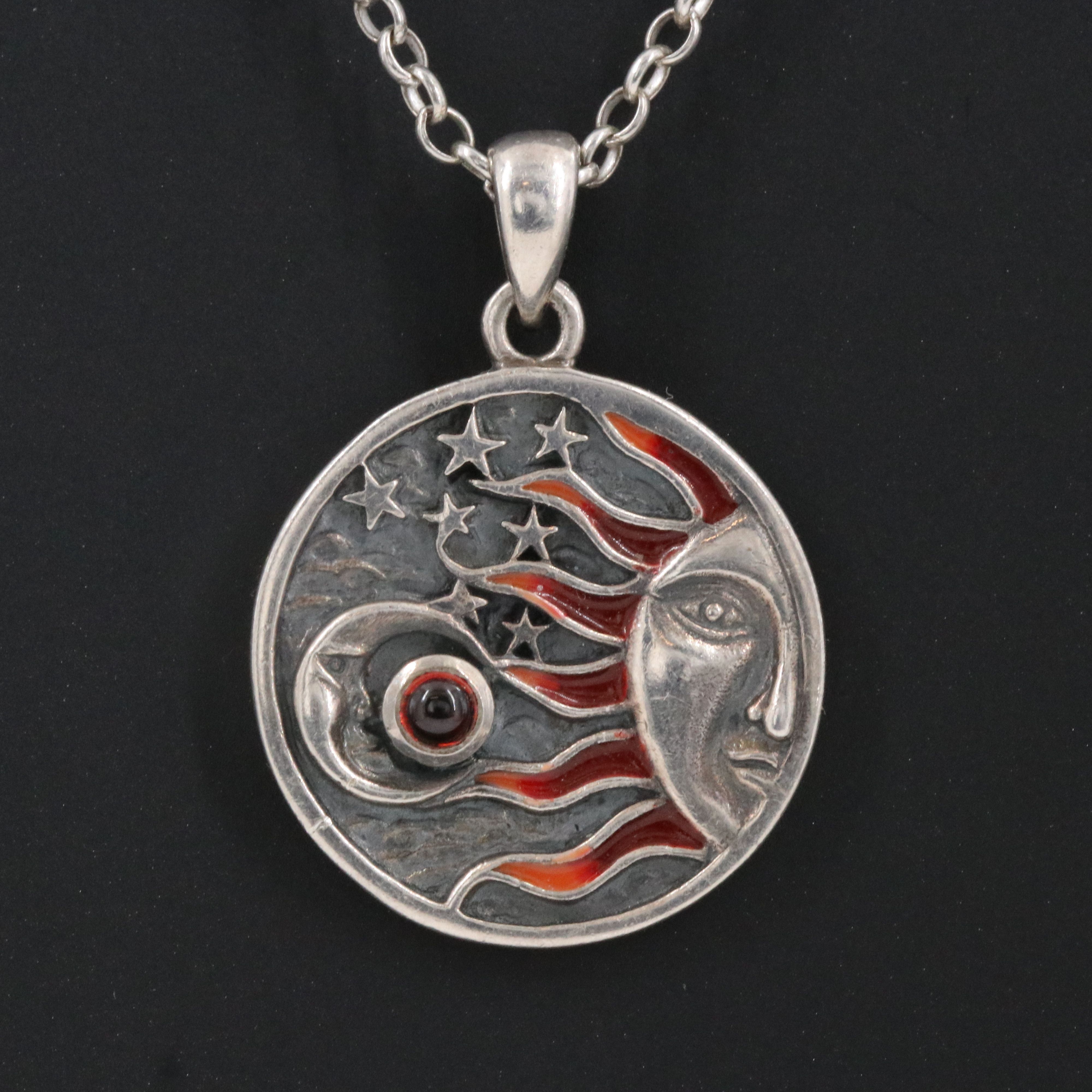 Sterling Sun Moon Stars Pendant Necklace Including Garnet and Enamel
