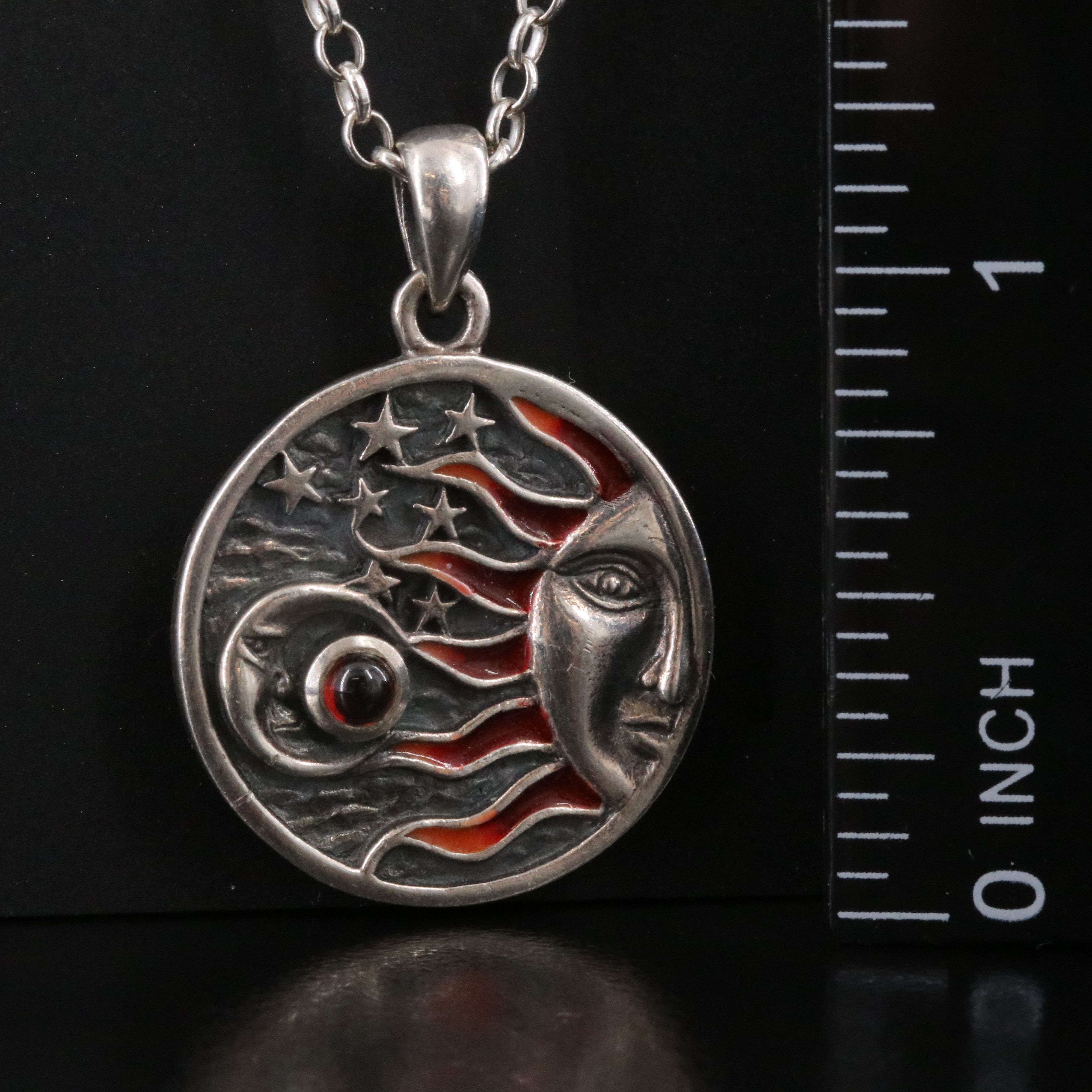 Sterling Sun Moon Stars Pendant Necklace Including Garnet and Enamel