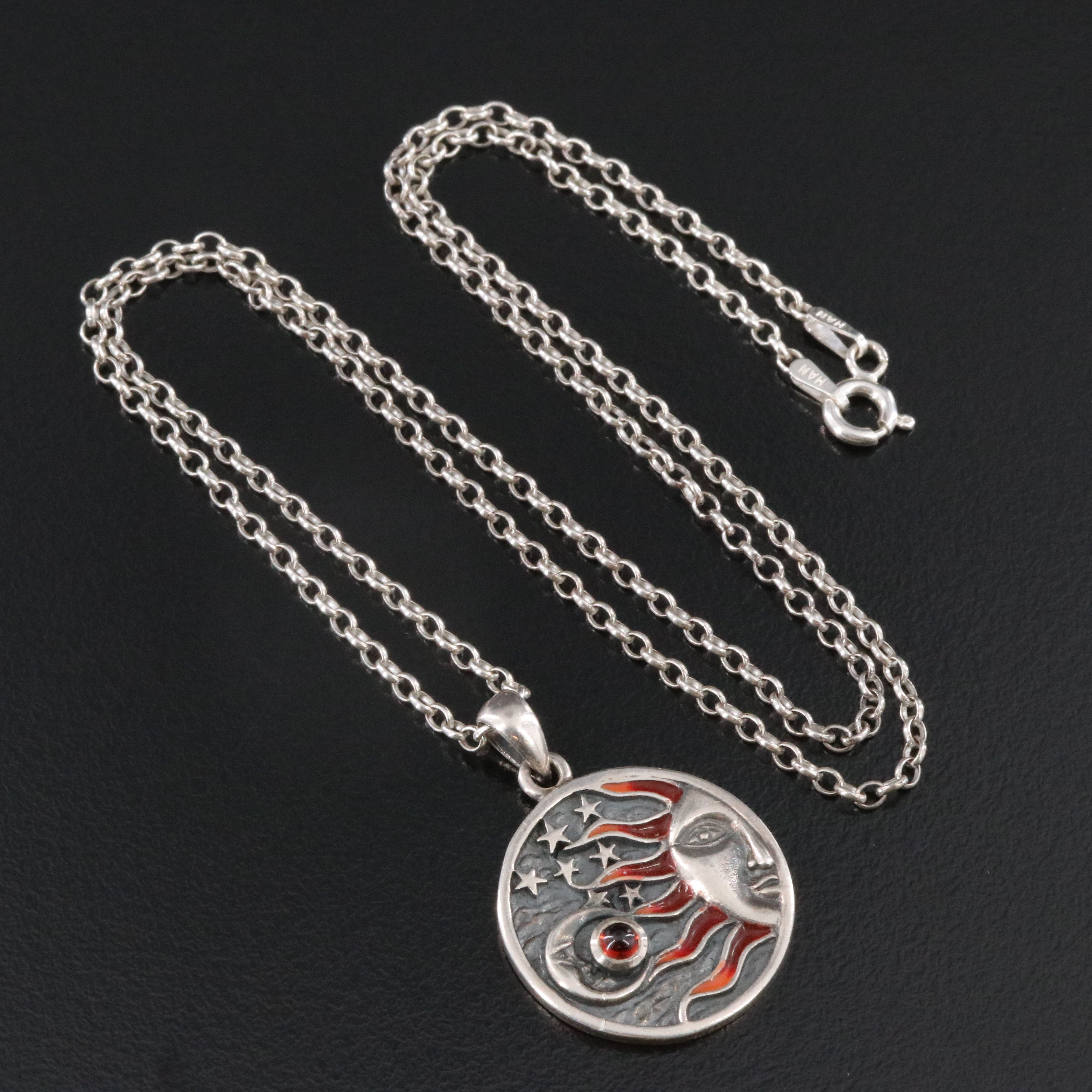 Sterling Sun Moon Stars Pendant Necklace Including Garnet and Enamel