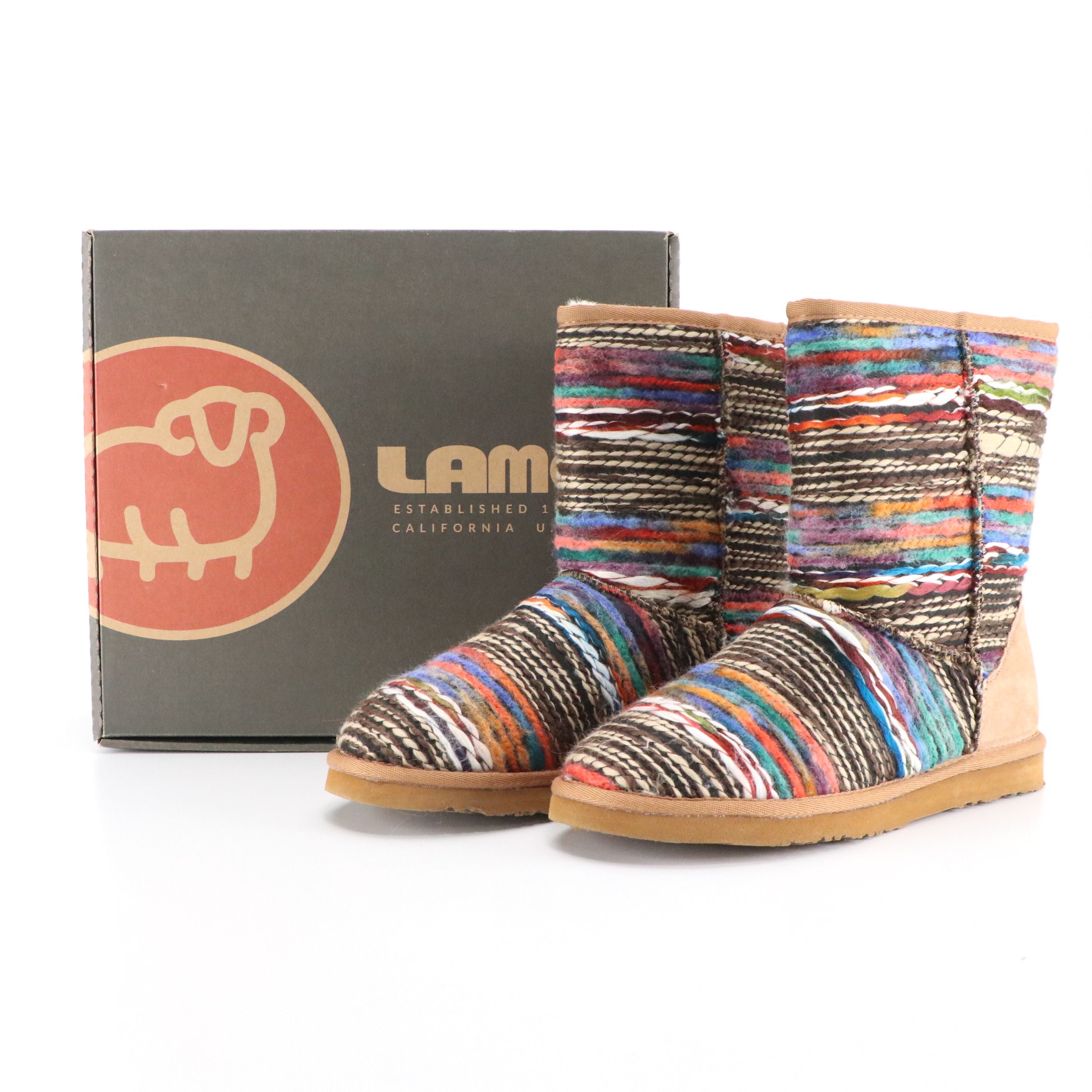 LAMO "Juarez" Sheepskin Lined Multicolor Yarn Boots, With Box