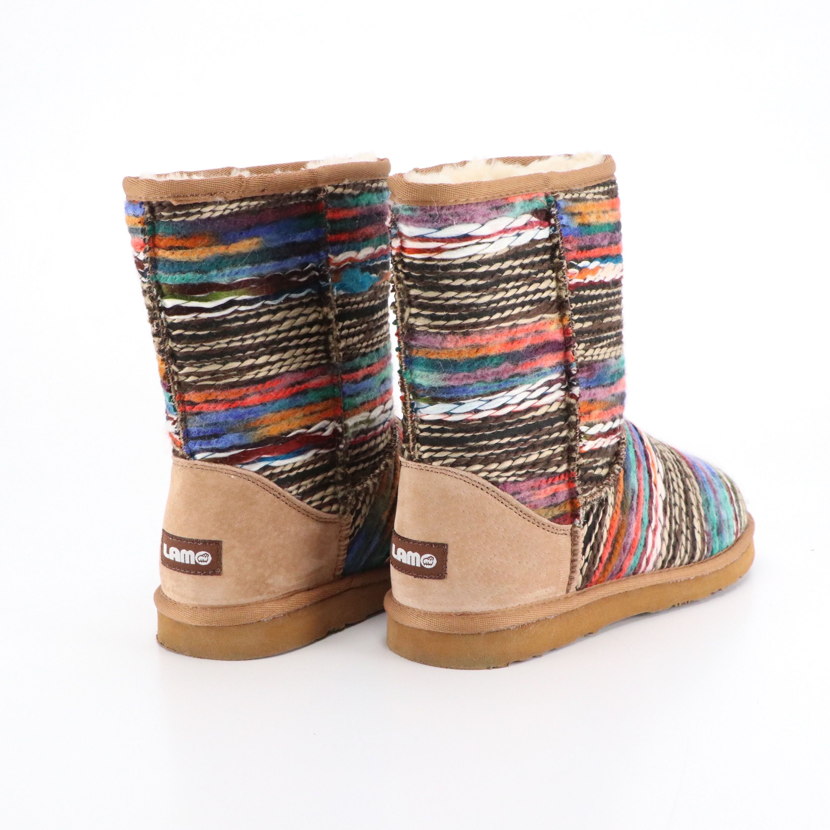 LAMO "Juarez" Sheepskin Lined Multicolor Yarn Boots, With Box