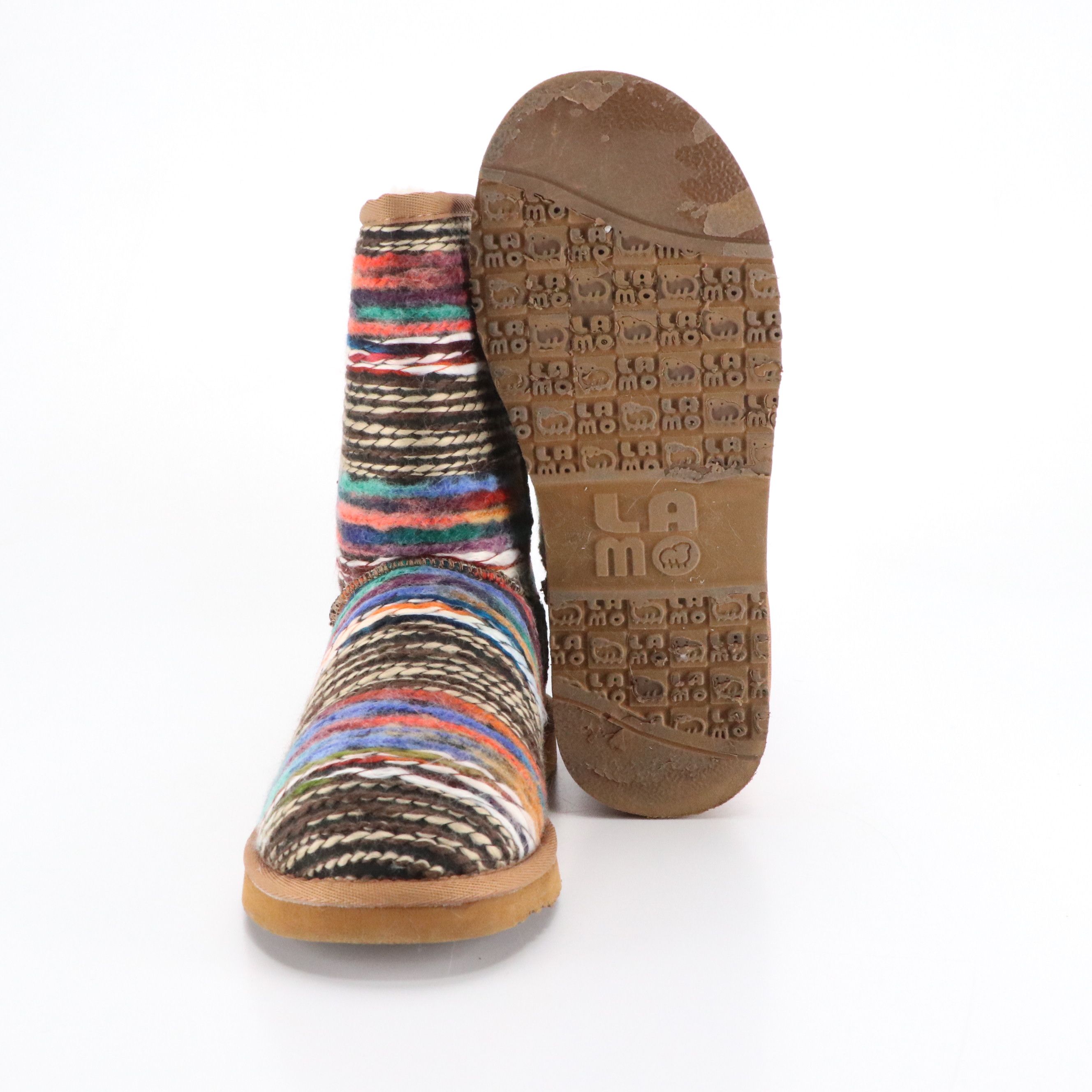 LAMO "Juarez" Sheepskin Lined Multicolor Yarn Boots, With Box