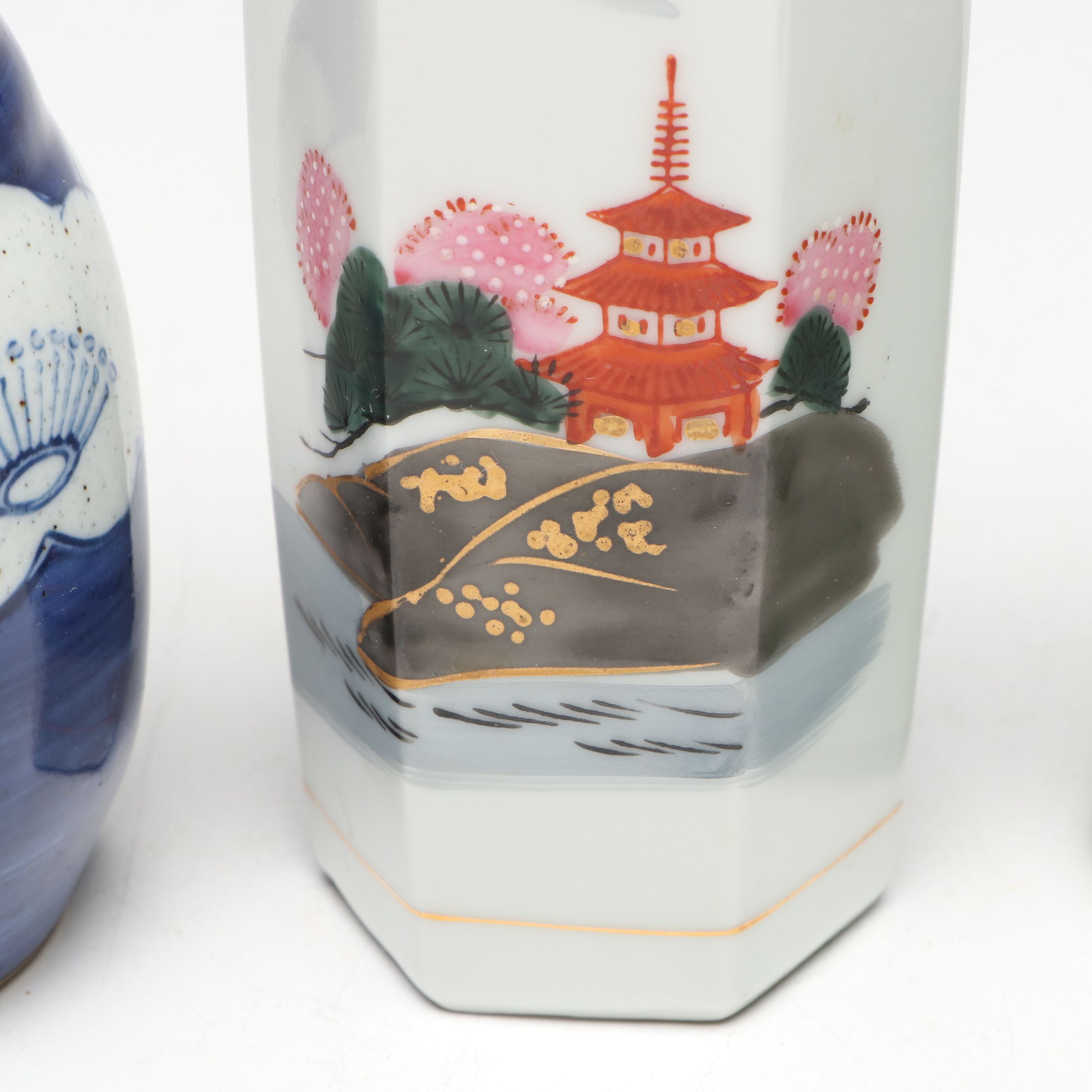 "Kamotsuru" Whistling Bird Porcelain Sake Bottle and Other Sake Carafes