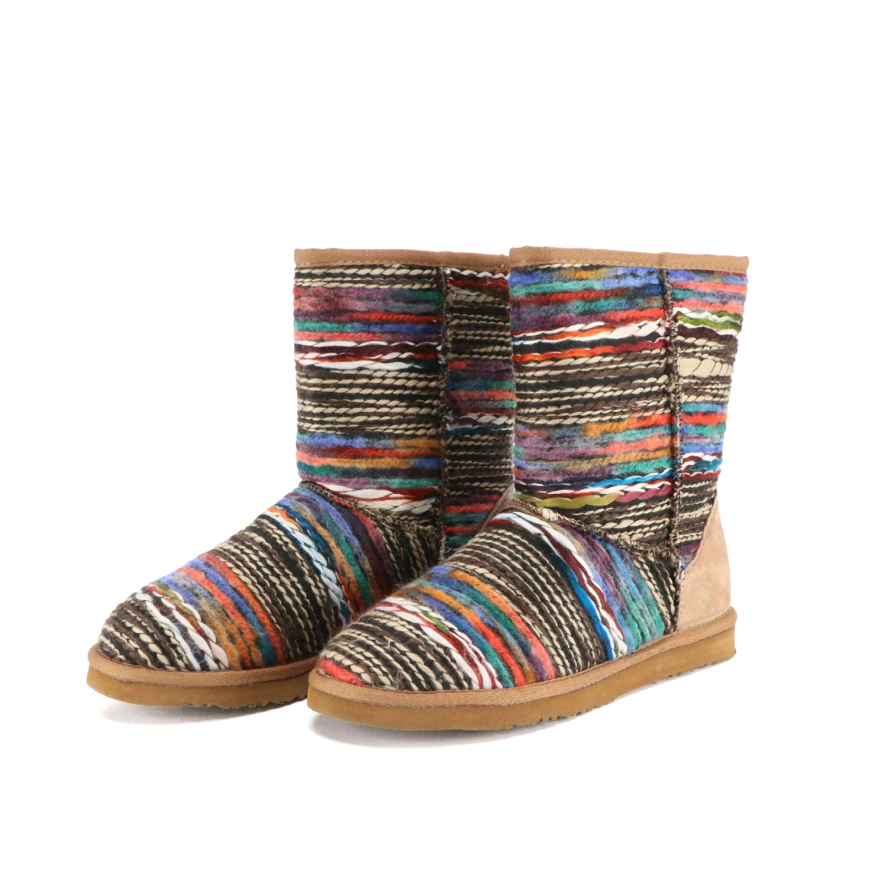 LAMO "Juarez" Sheepskin Lined Multicolor Yarn Boots, With Box