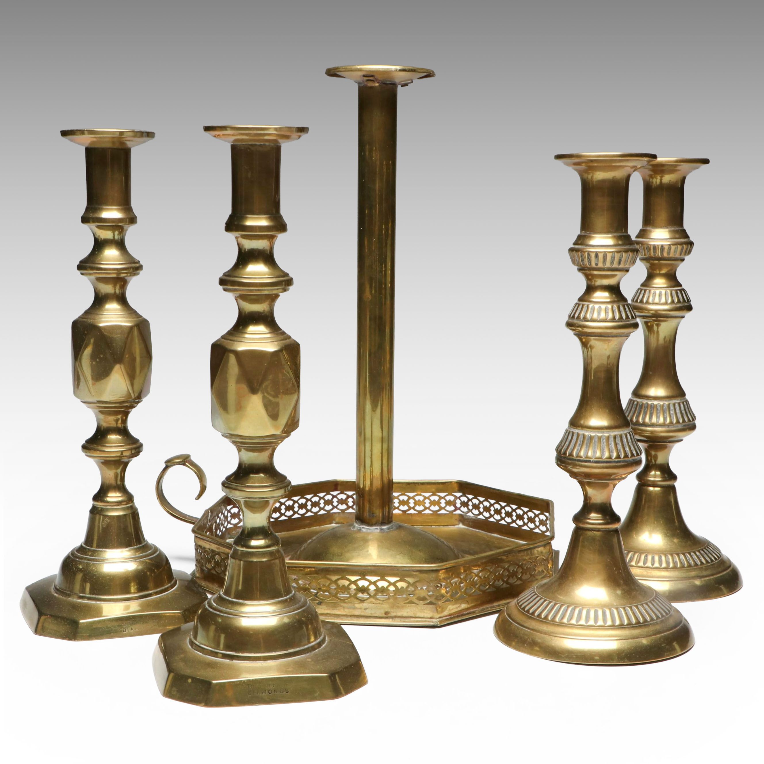 English Style "The Queen of Diamonds" with Other Brass Candlesticks
