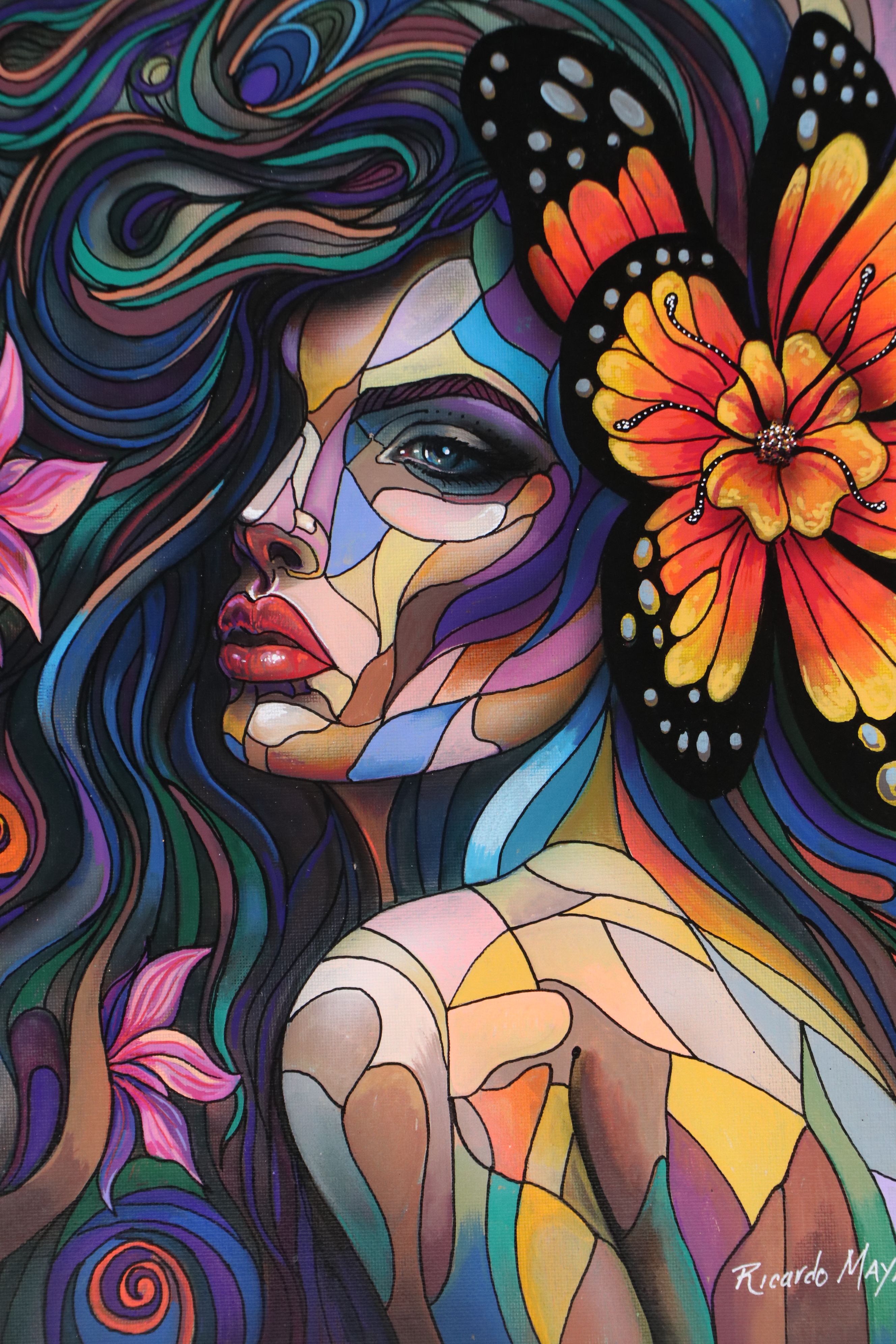 Ricardo Maya Stylized Acrylic Portrait of Woman with Butterfly, 21st Century