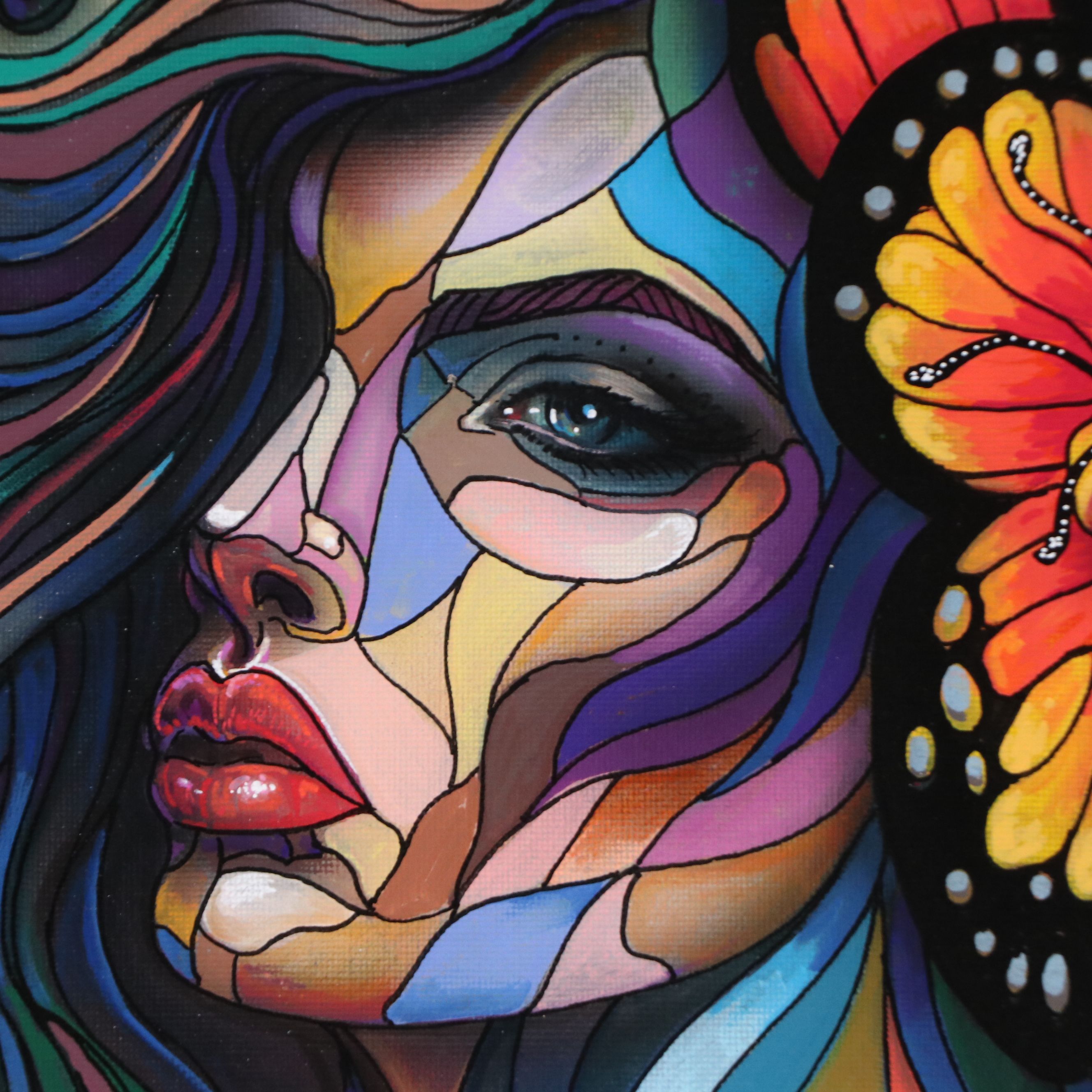 Ricardo Maya Stylized Acrylic Portrait of Woman with Butterfly, 21st Century