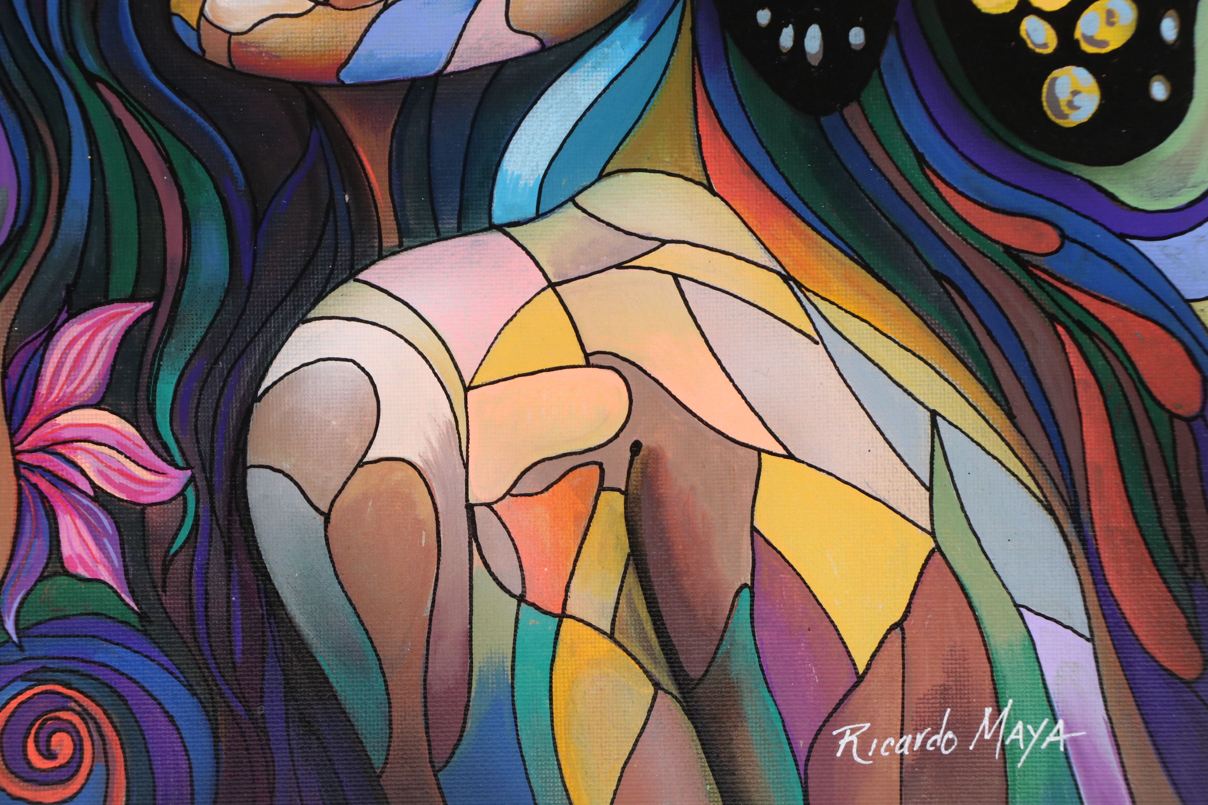 Ricardo Maya Stylized Acrylic Portrait of Woman with Butterfly, 21st Century